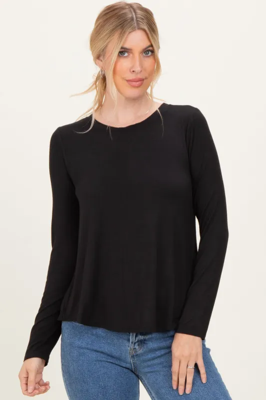 Black Flowy Round Hem Long Sleeve Top sold by Pinkblush