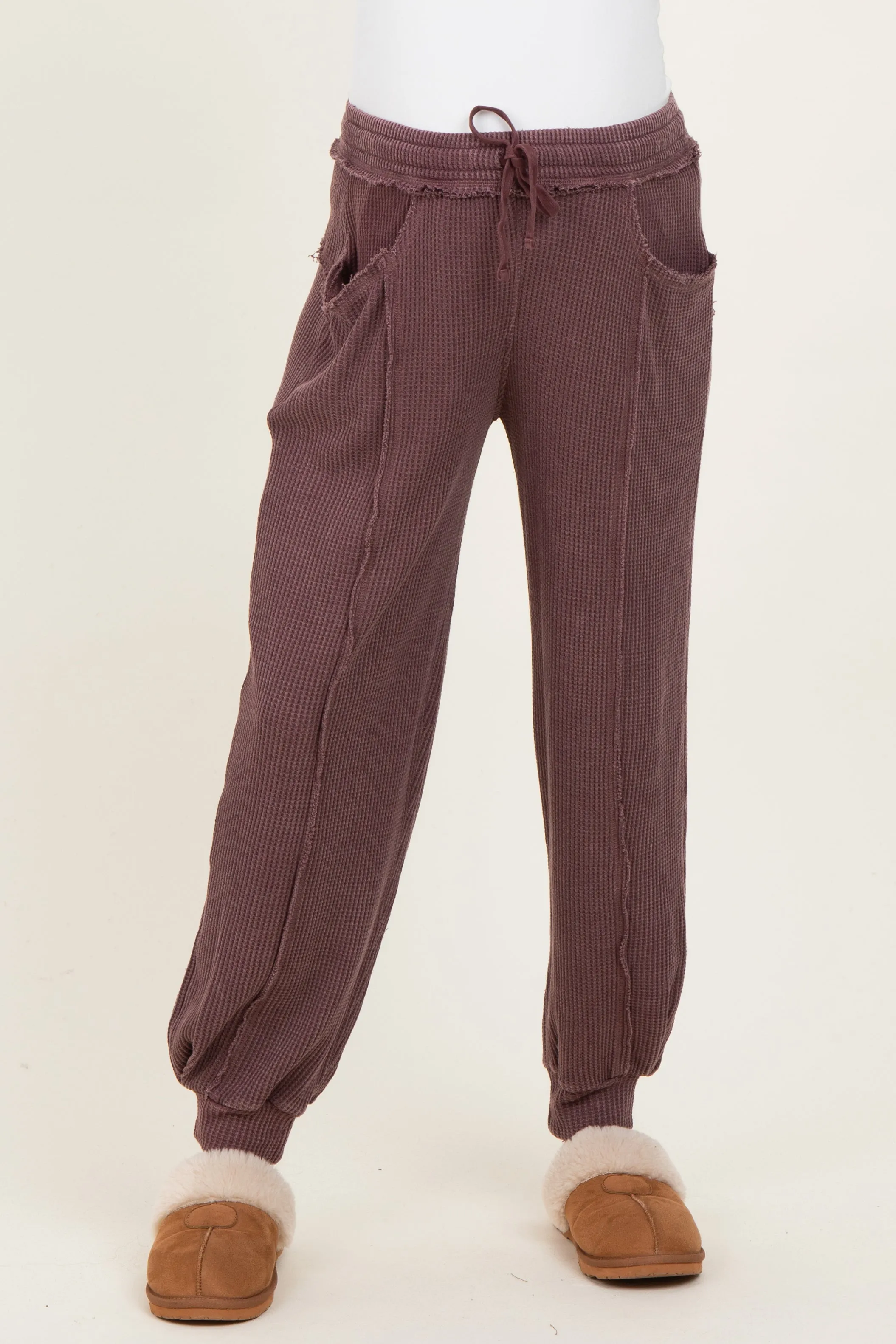 Burgundy Raw Seam Waffle Knit Maternity Joggers sold by Pinkblush product image thumbnail 2