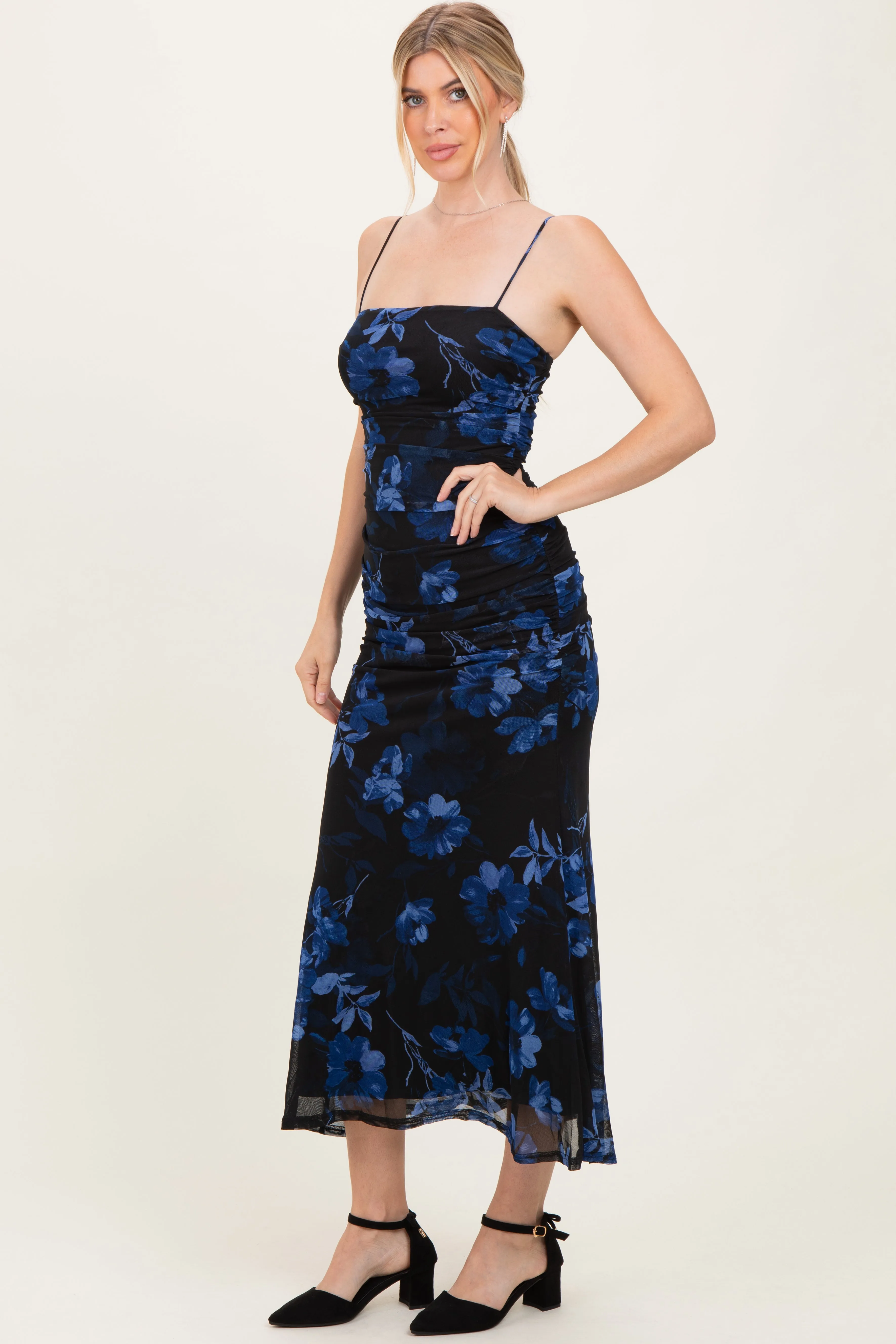 Black Floral Ruched Mesh Maxi Dress sold by Pinkblush product image thumbnail 3