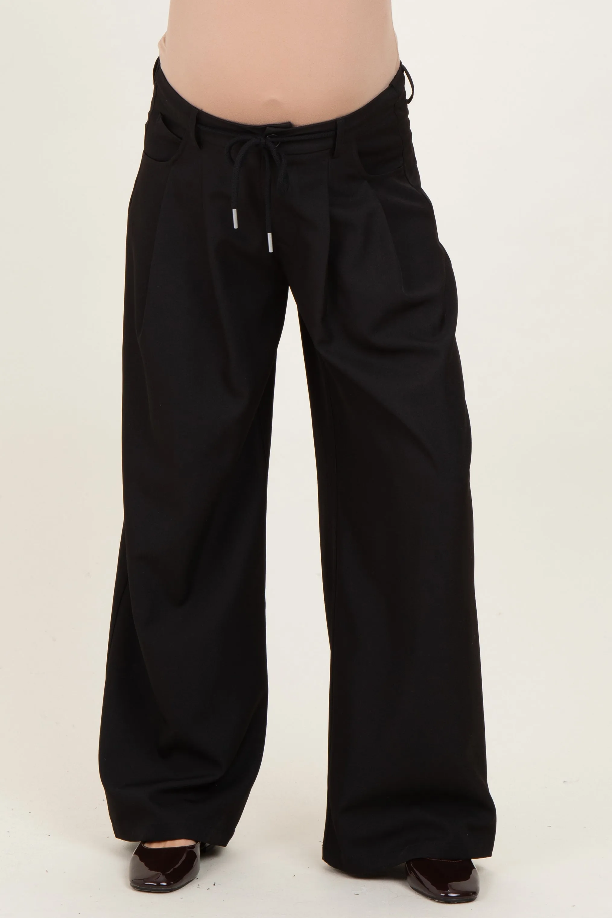 Black Drawstring Pleated Maternity Wide Leg Trousers sold by Pinkblush