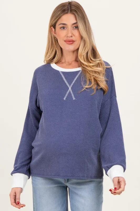 Navy Textured Rib Relaxed Fit Maternity Pullover Top sold by Pinkblush