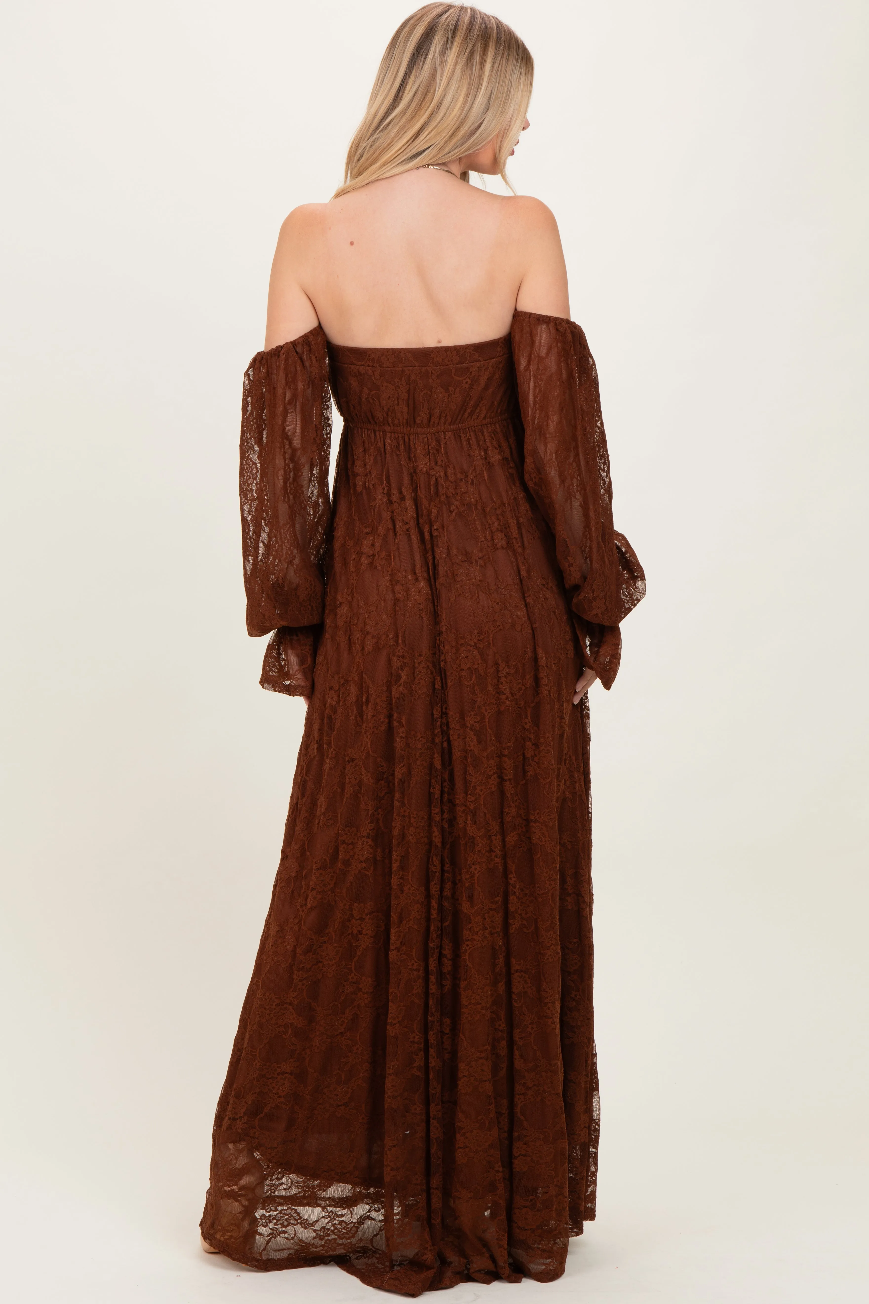 Brown Lace Smocked Long Sleeve Off Shoulder Maxi Dress sold by Pinkblush product image thumbnail 3