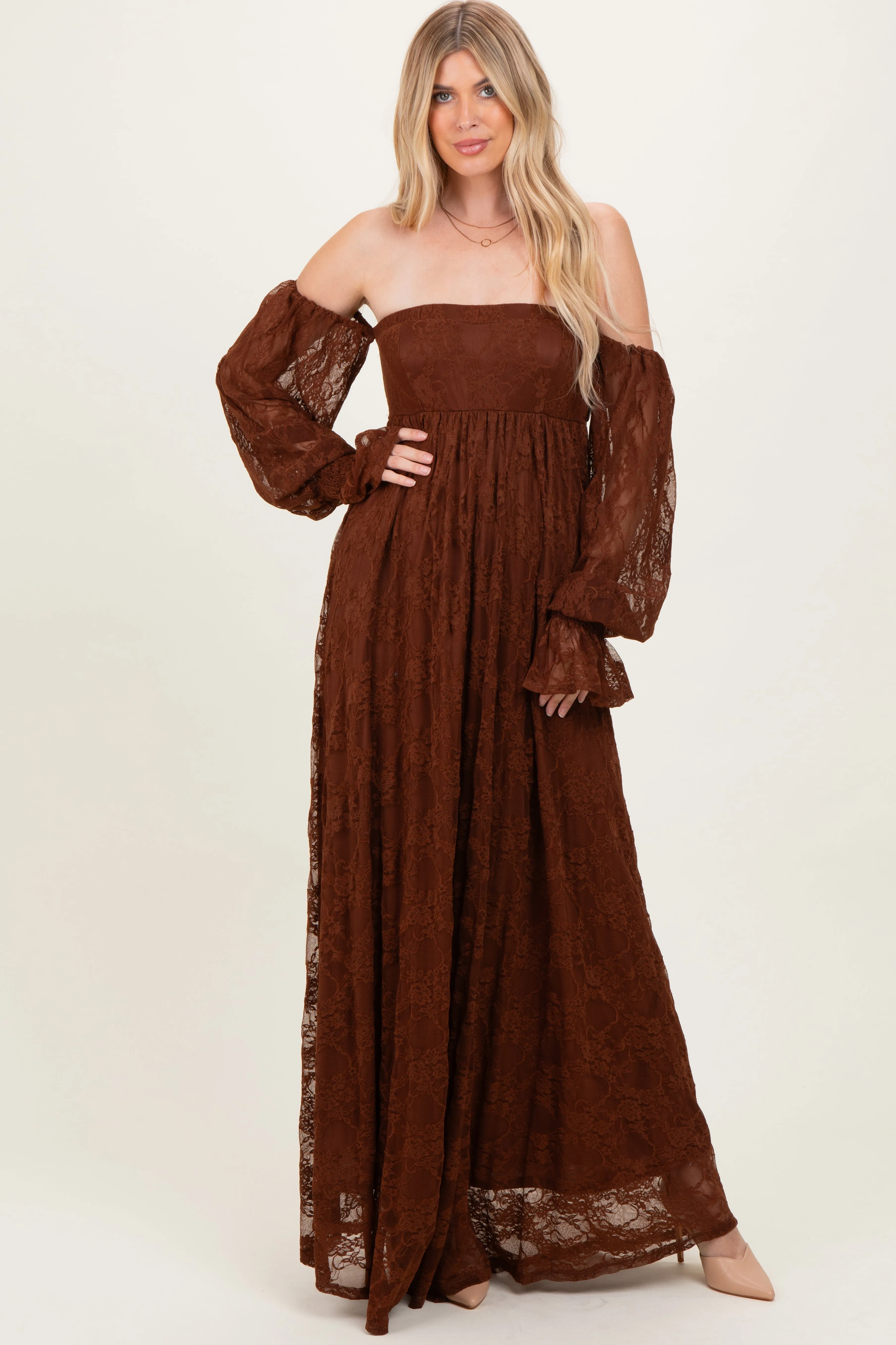 Brown Lace Smocked Long Sleeve Off Shoulder Maxi Dress sold by Pinkblush