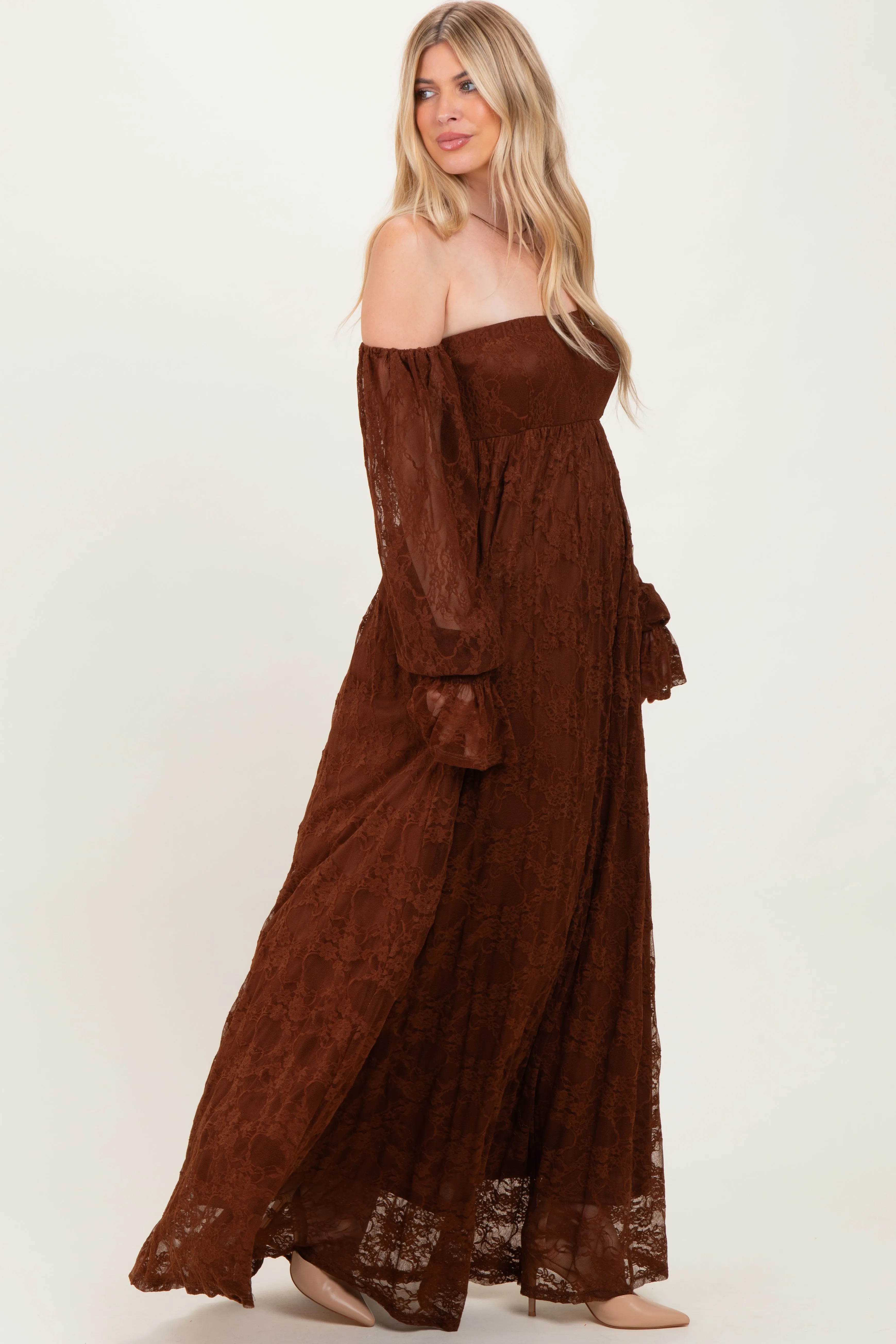 Brown Lace Smocked Long Sleeve Off Shoulder Maxi Dress sold by Pinkblush product image thumbnail 2
