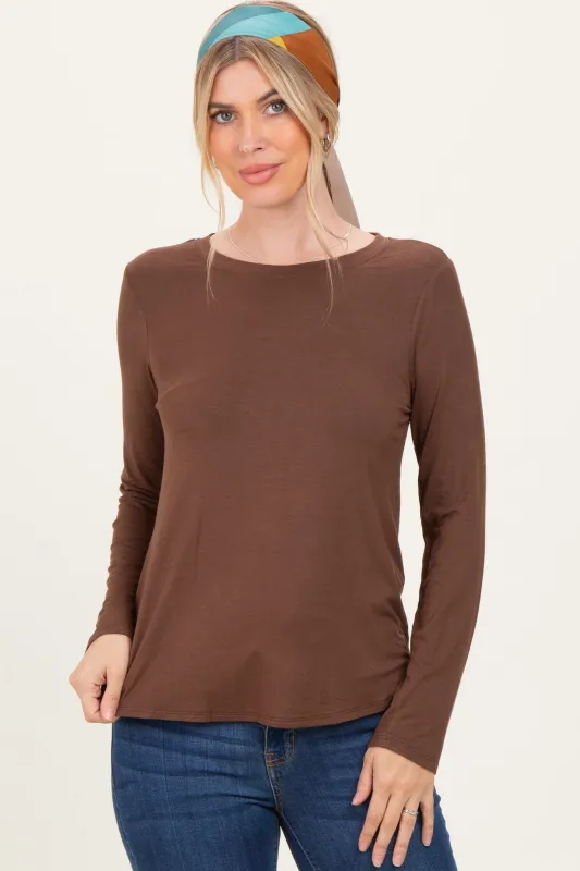 Brown Flowy Round Hem Long Sleeve Top sold by Pinkblush