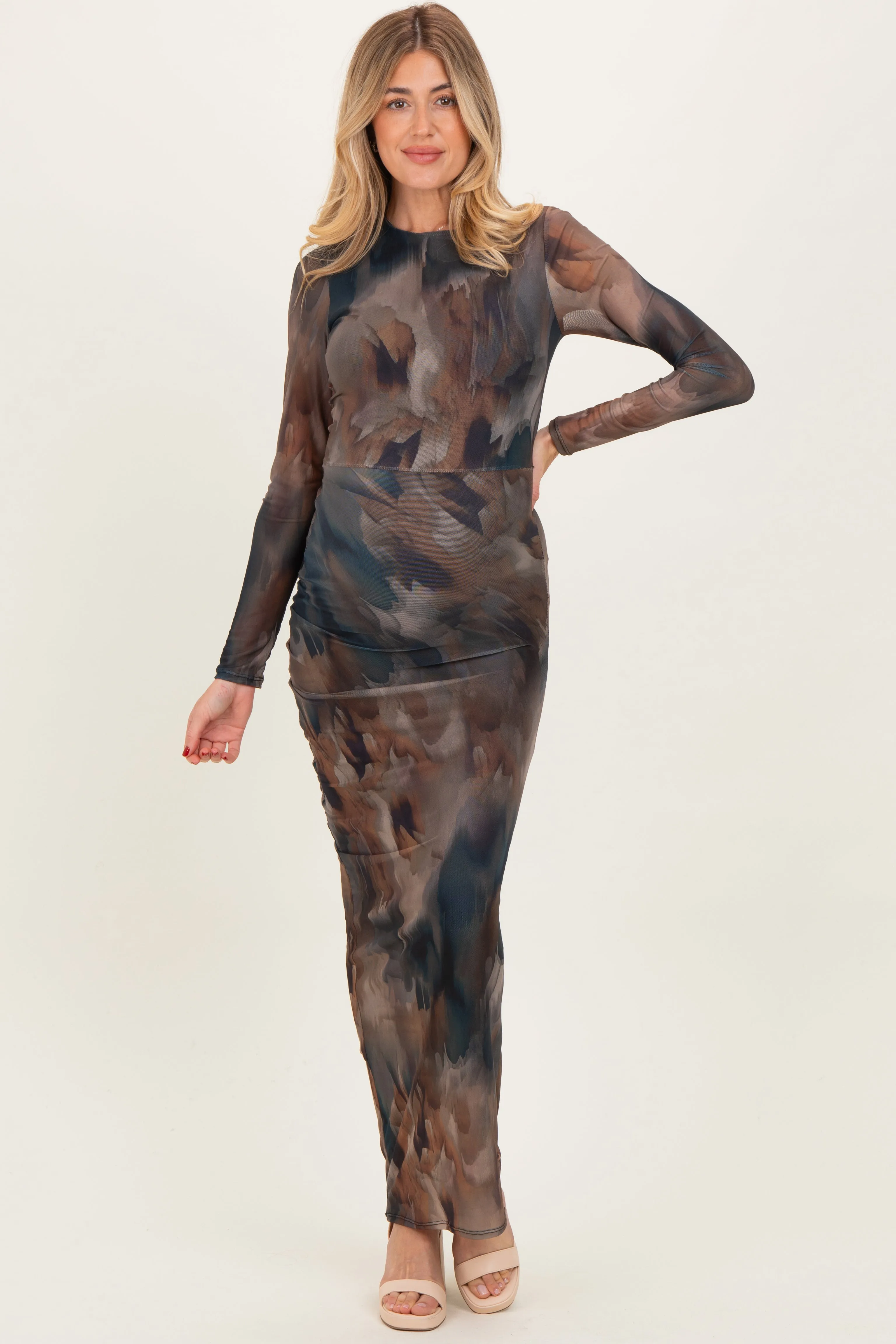 Brown Mesh Multicolor Brush Stroke Print Maternity Maxi Dress sold by Pinkblush product image thumbnail 2