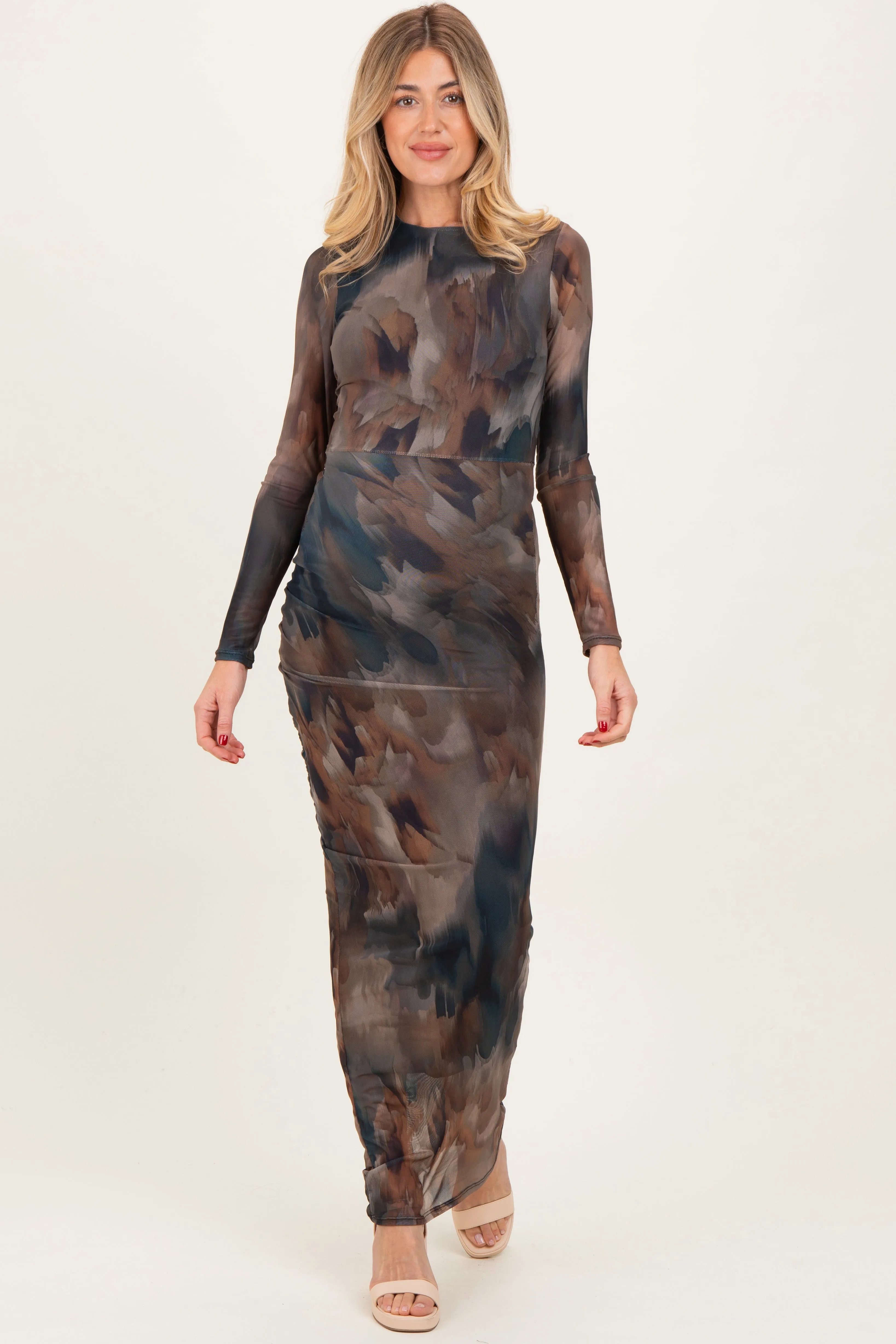Brown Mesh Multicolor Brush Stroke Print Maternity Maxi Dress sold by Pinkblush