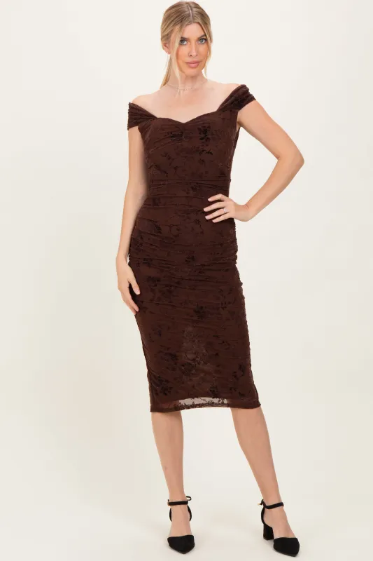 Brown Off Shoulder Ruched Mesh Midi Dress sold by Pinkblush