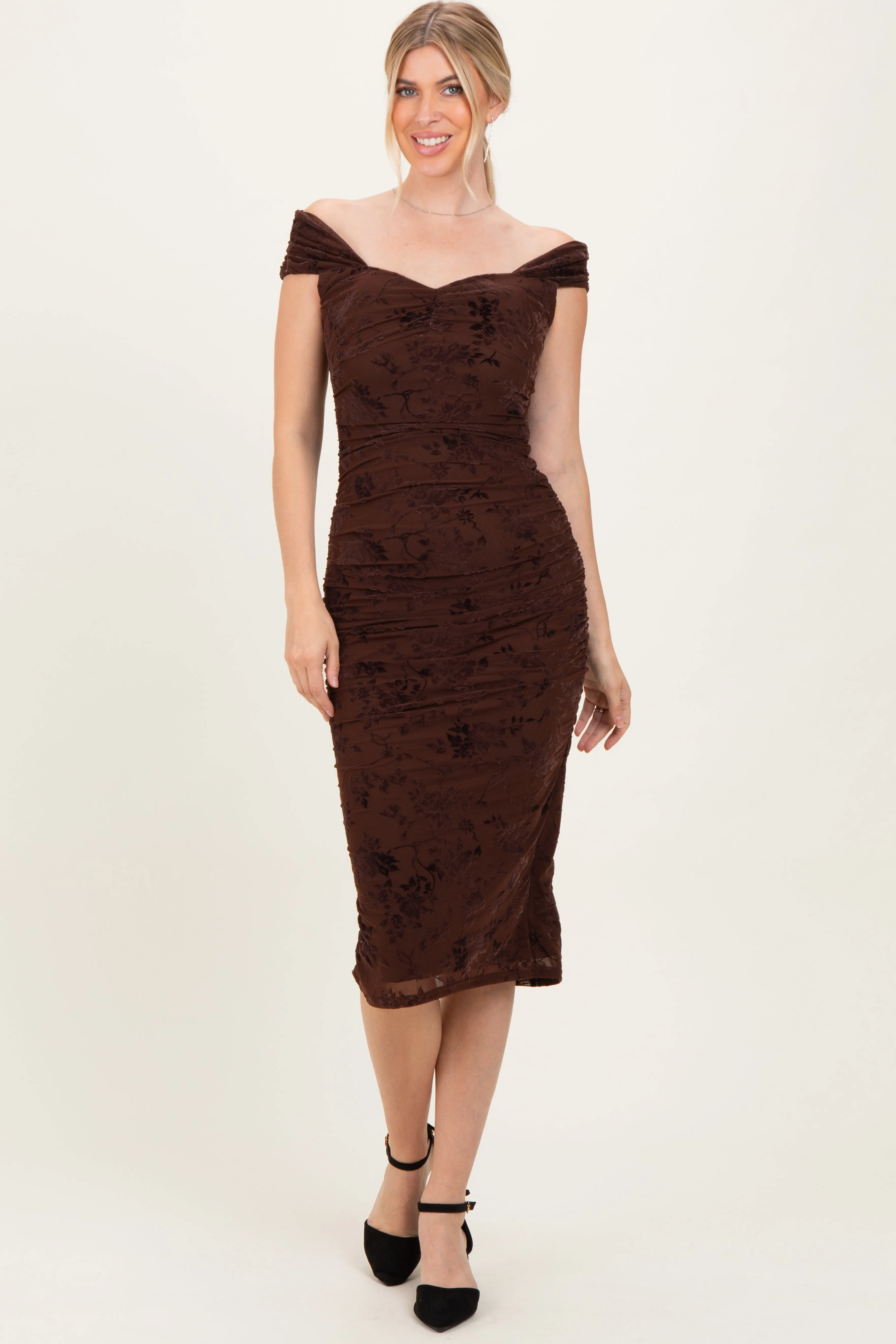 Brown Off Shoulder Ruched Mesh Midi Dress sold by Pinkblush product image thumbnail 2
