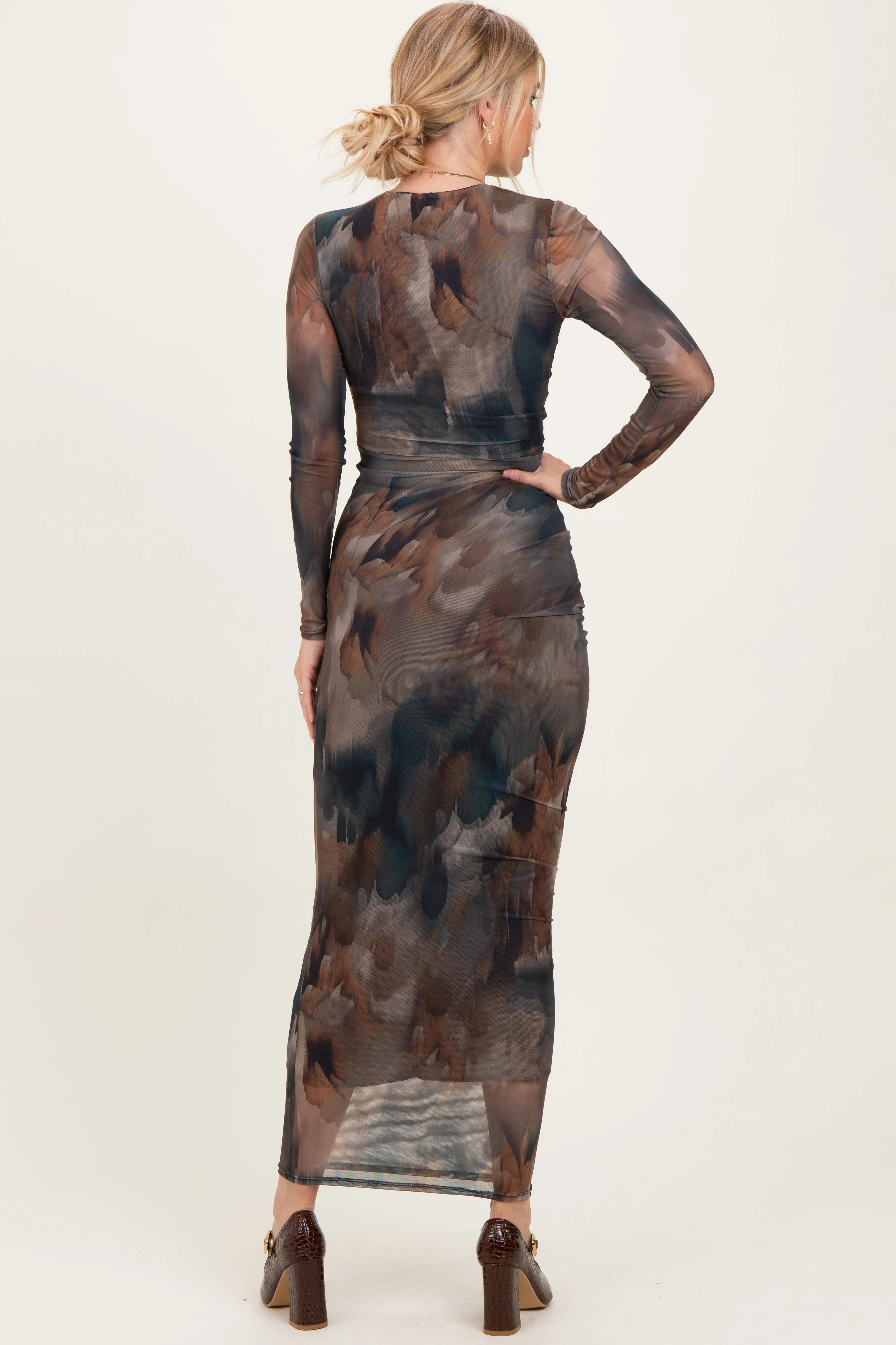 Brown Mesh Multicolor Brush Stroke Print Maxi Dress sold by Pinkblush product image thumbnail 4