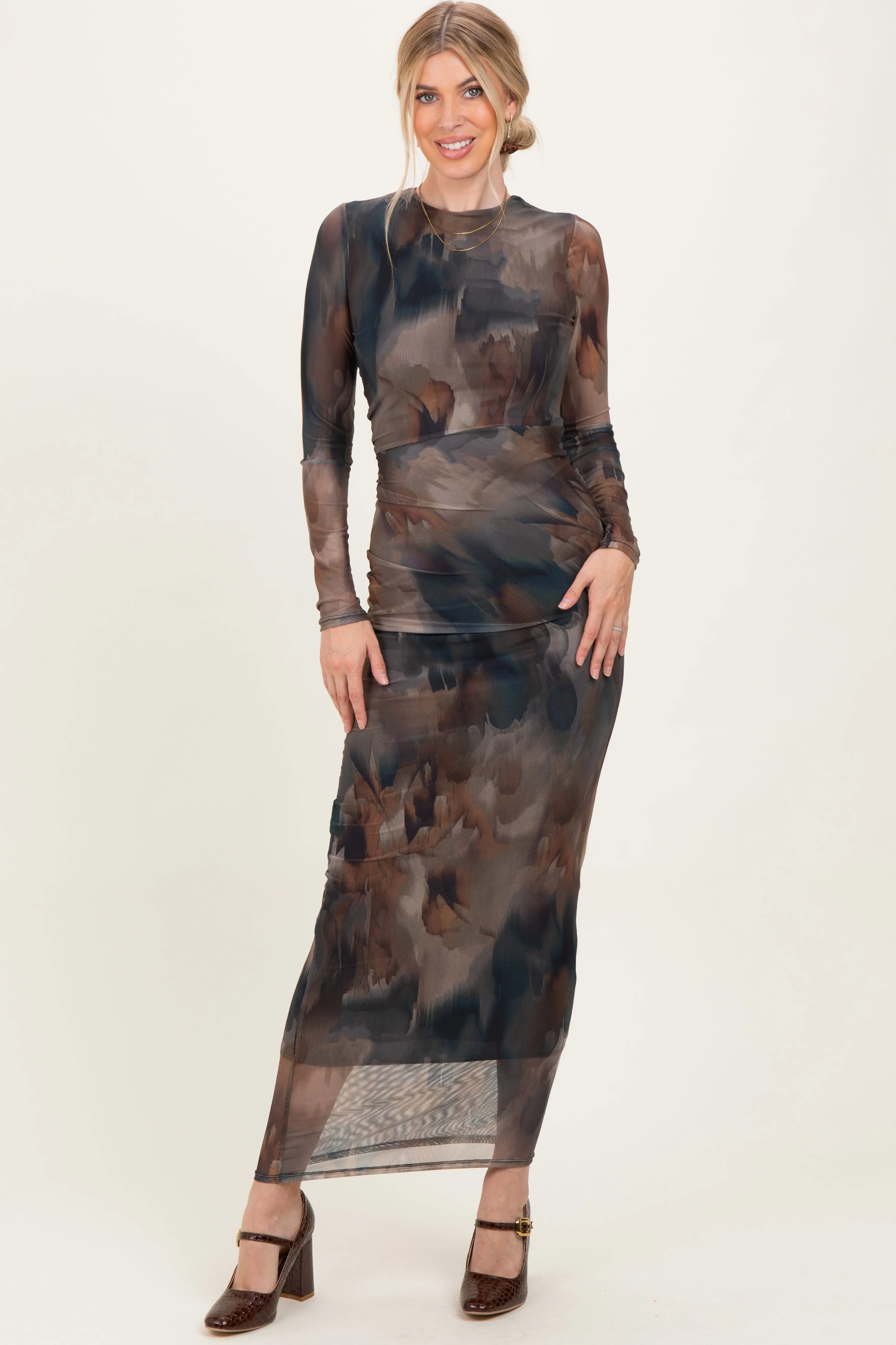 Brown Mesh Multicolor Brush Stroke Print Maxi Dress sold by Pinkblush product image thumbnail 2