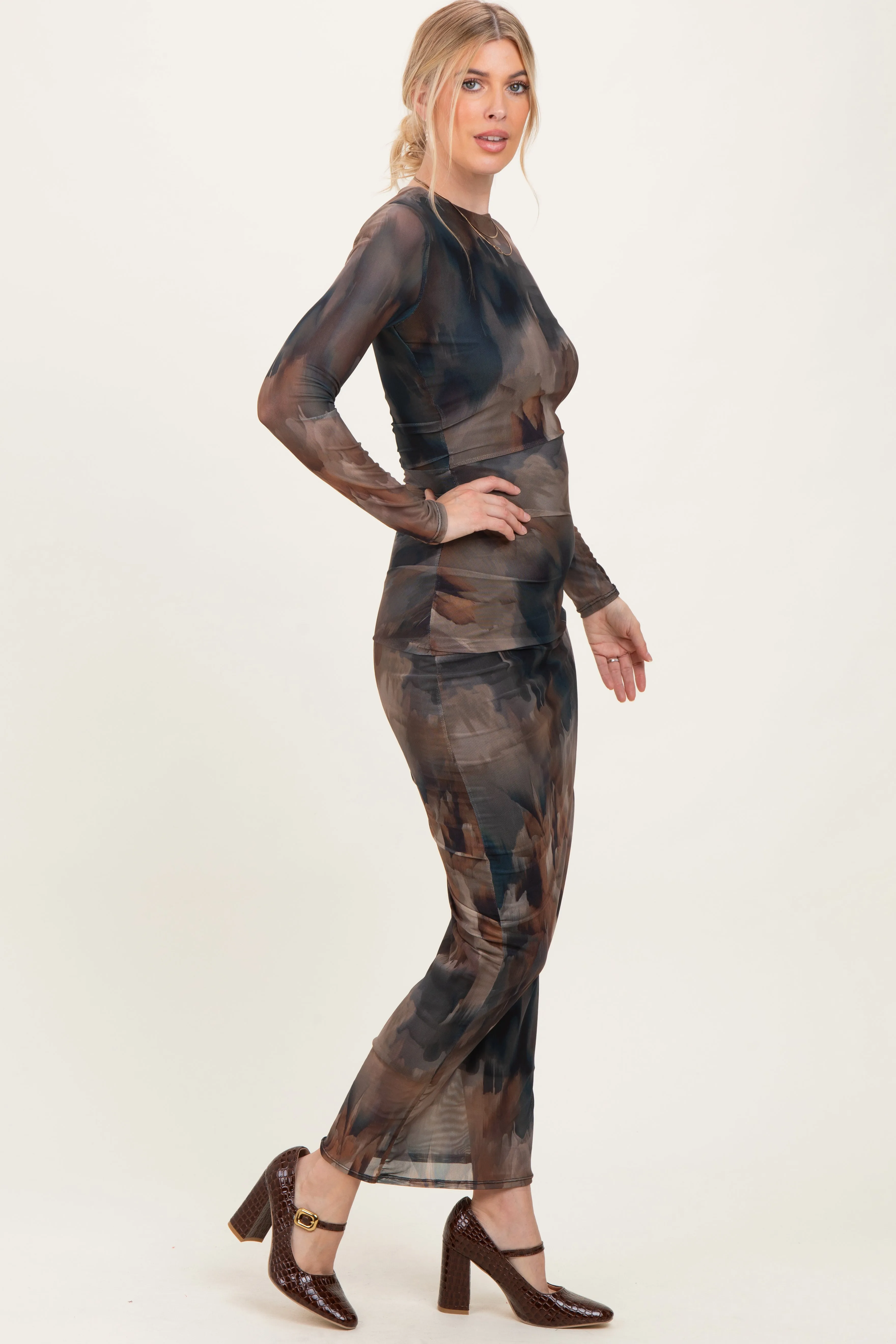 Brown Mesh Multicolor Brush Stroke Print Maxi Dress sold by Pinkblush product image thumbnail 3
