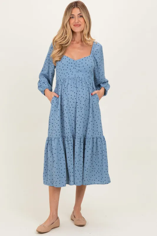 Dusty Blue Polka Dots Sweetheart Neck Maternity Midi Dress sold by Pinkblush