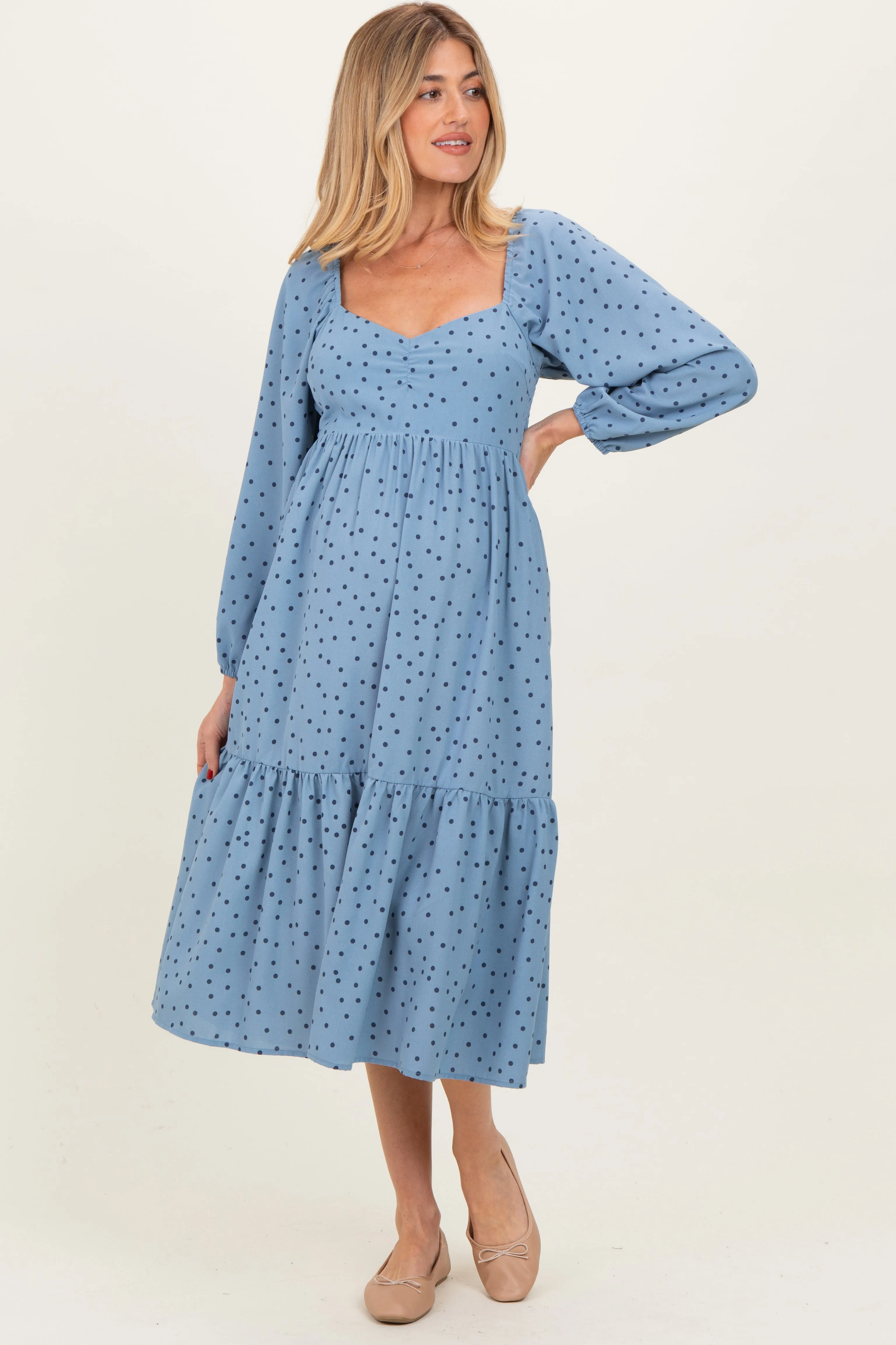 Dusty Blue Polka Dots Sweetheart Neck Maternity Midi Dress sold by Pinkblush product image thumbnail 2