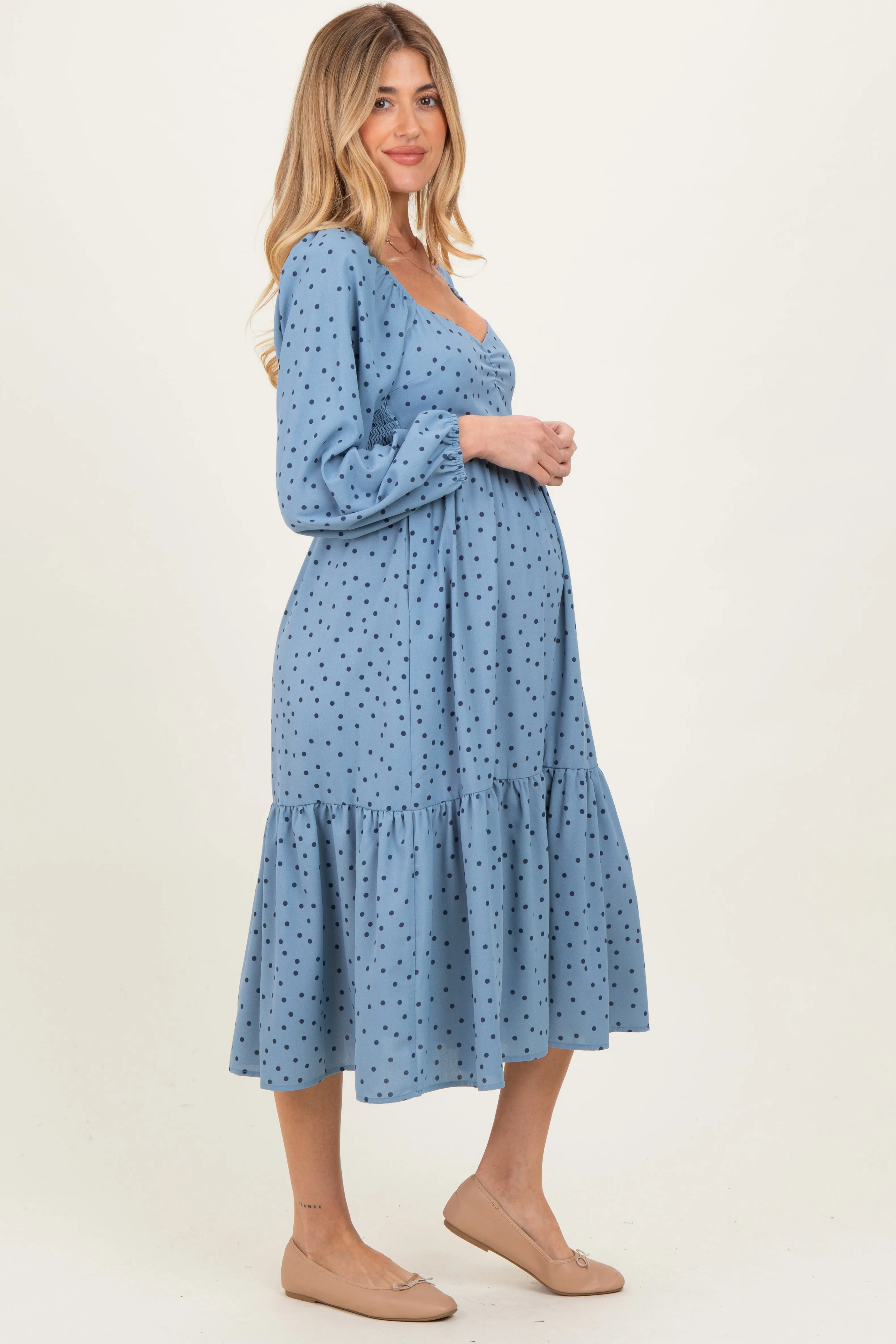 Dusty Blue Polka Dots Sweetheart Neck Maternity Midi Dress sold by Pinkblush product image thumbnail 3