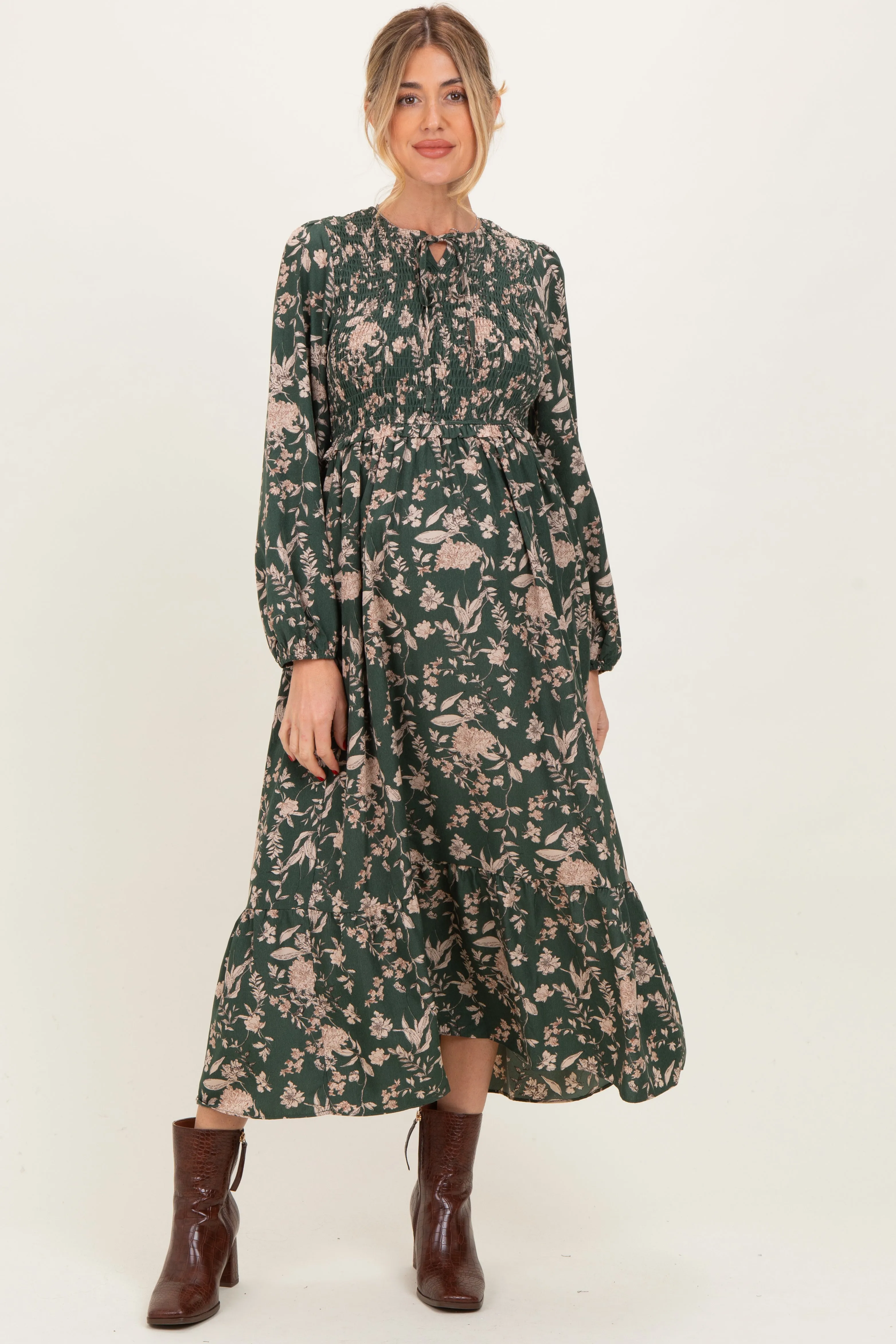 Green Floral Smocked Long Sleeve Maternity Midi Dress sold by Pinkblush