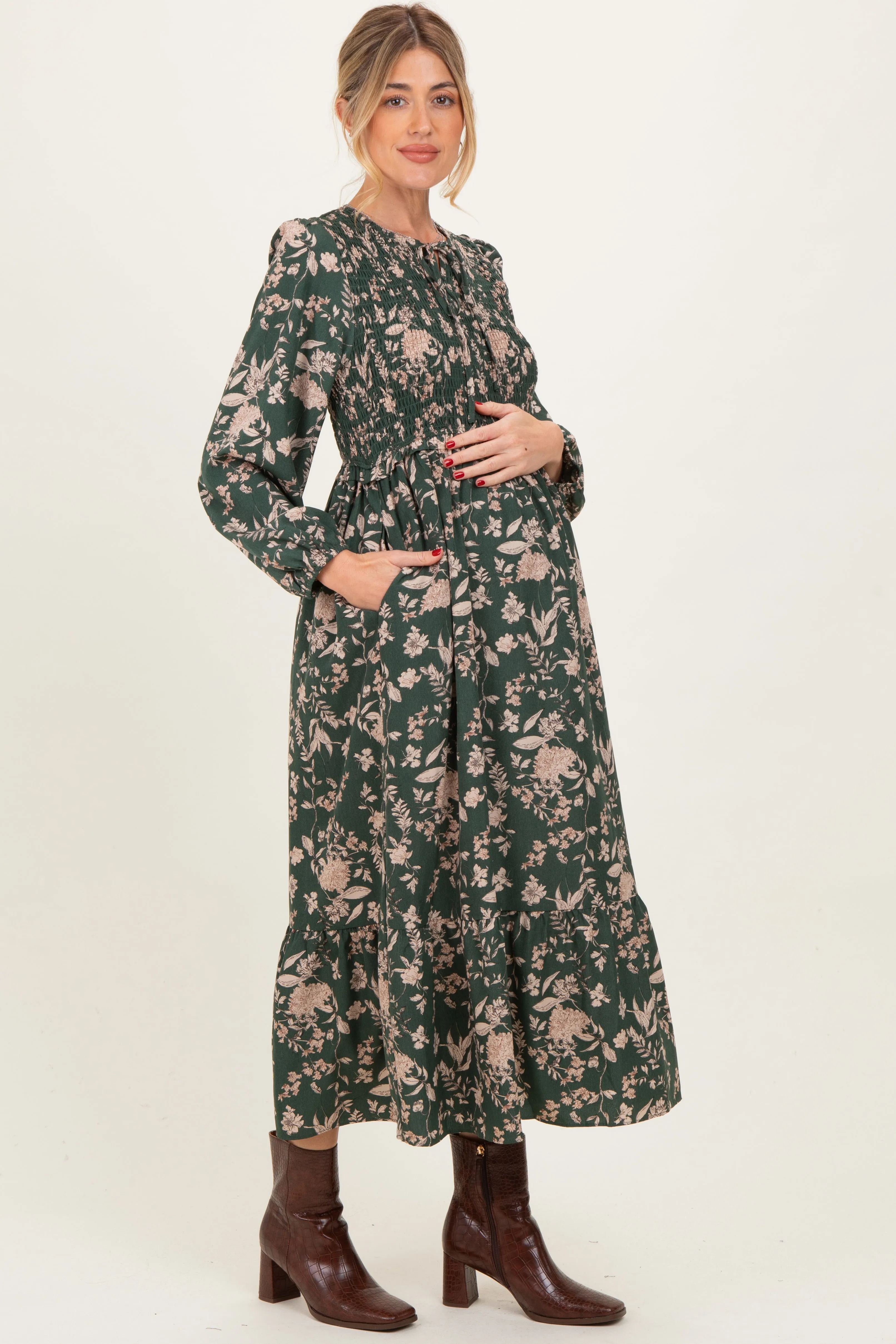 Green Floral Smocked Long Sleeve Maternity Midi Dress sold by Pinkblush product image thumbnail 2