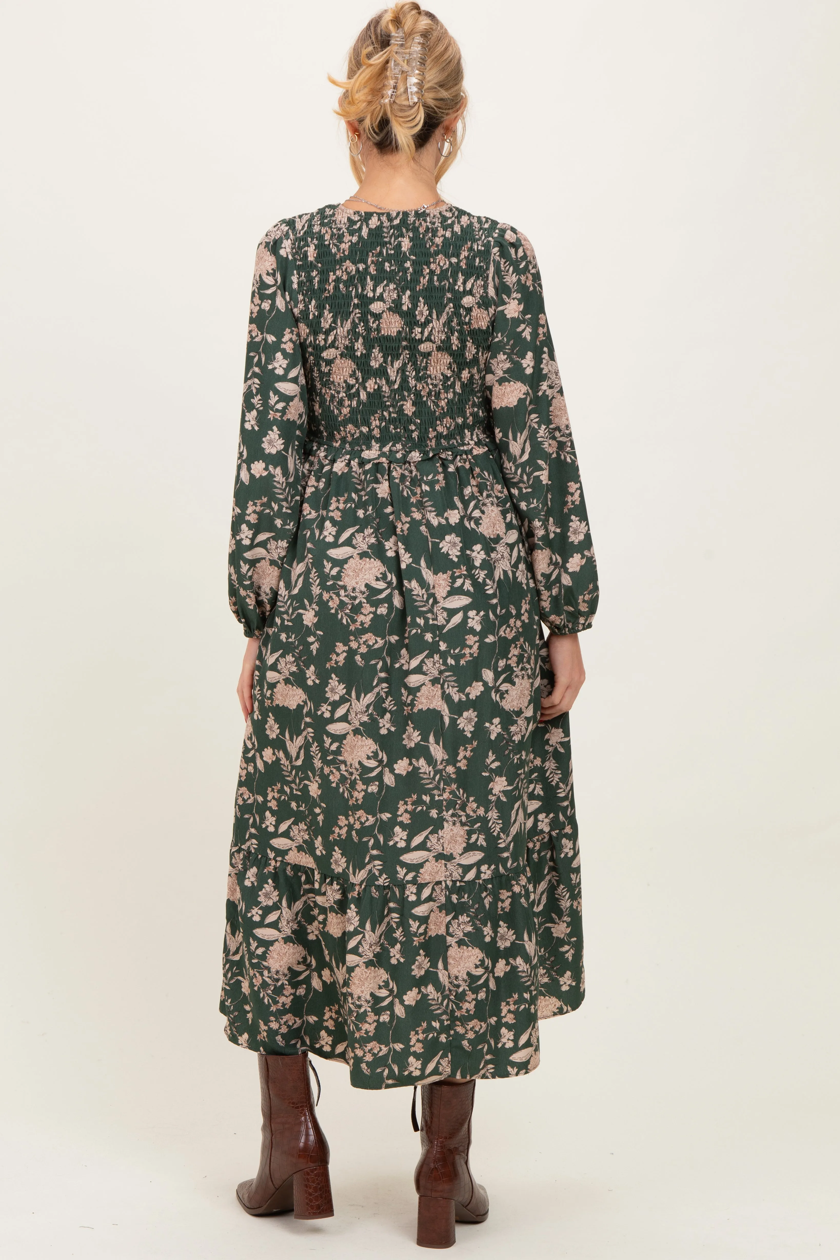 Green Floral Smocked Long Sleeve Maternity Midi Dress sold by Pinkblush product image thumbnail 3