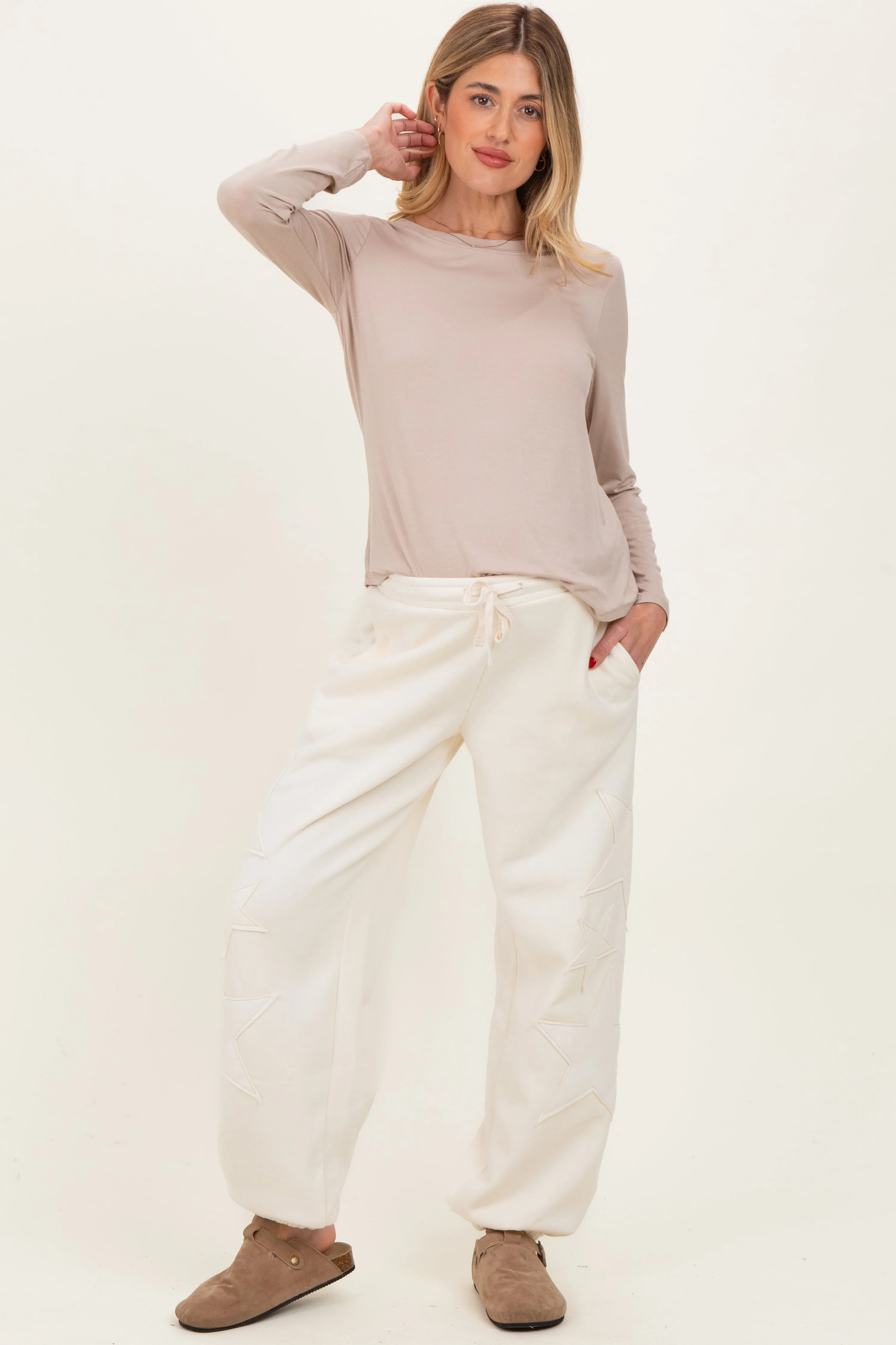 Cream Star Patch Maternity Drawstring Sweatpants sold by Pinkblush