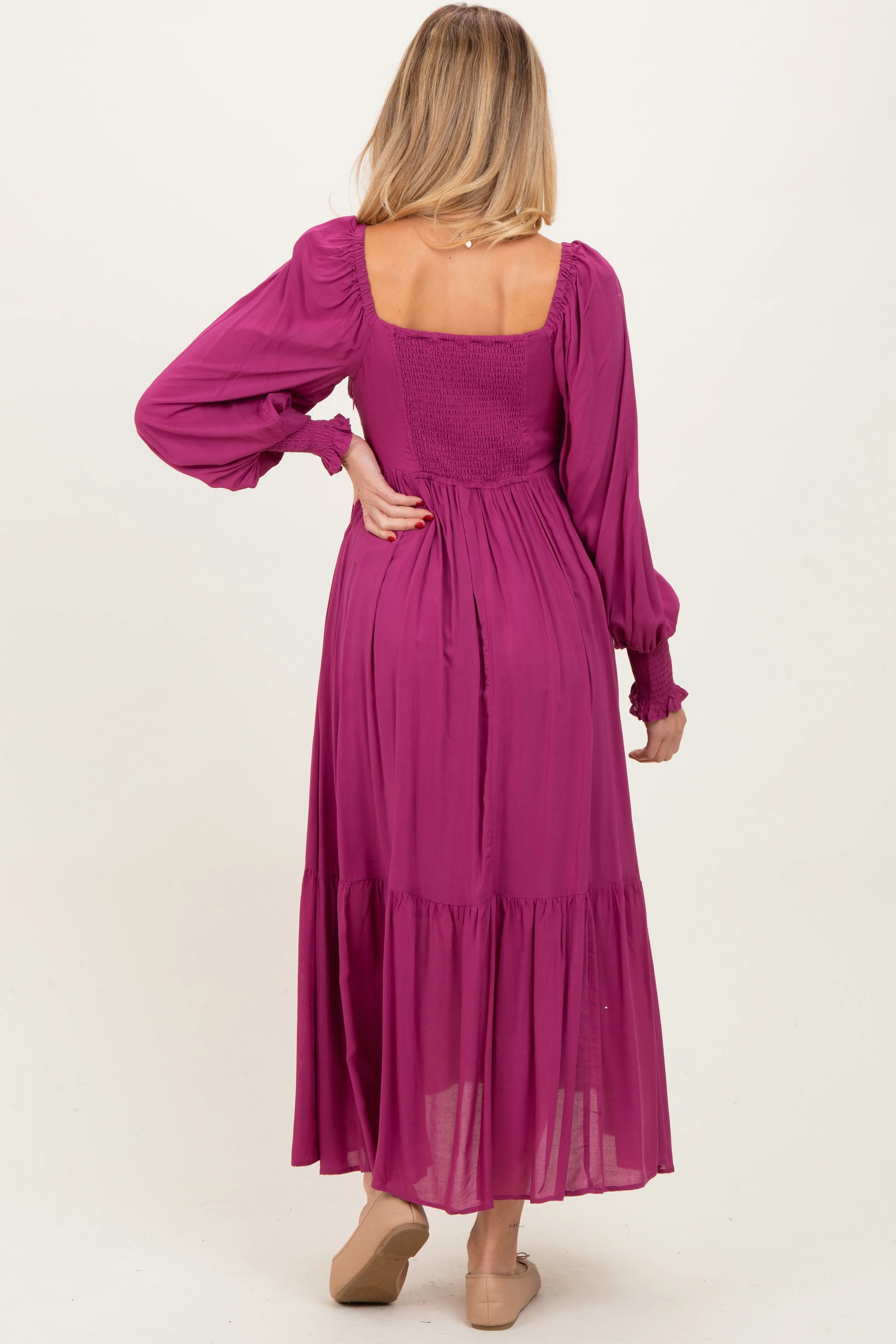 Magenta Pleated Bodice Long Sleeve Maternity Maxi Dress sold by Pinkblush product image thumbnail 3