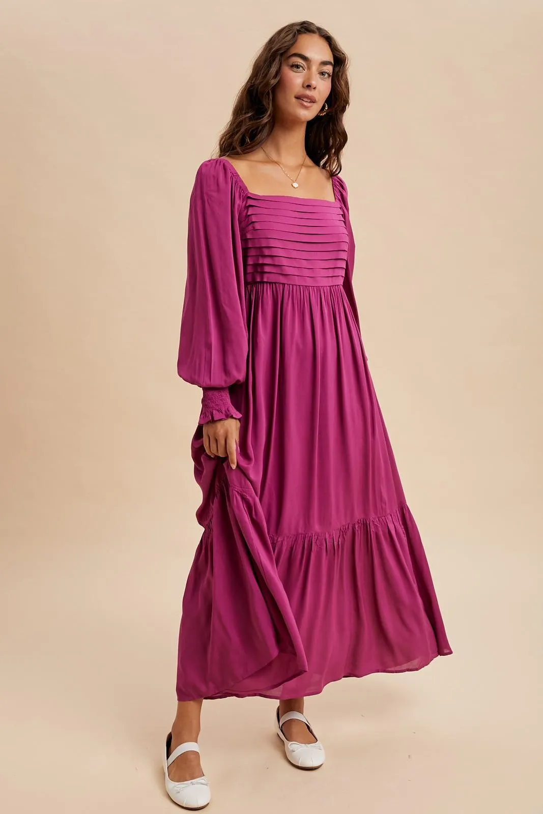 Magenta Pleated Bodice Long Sleeve Maternity Maxi Dress sold by Pinkblush product image thumbnail 4
