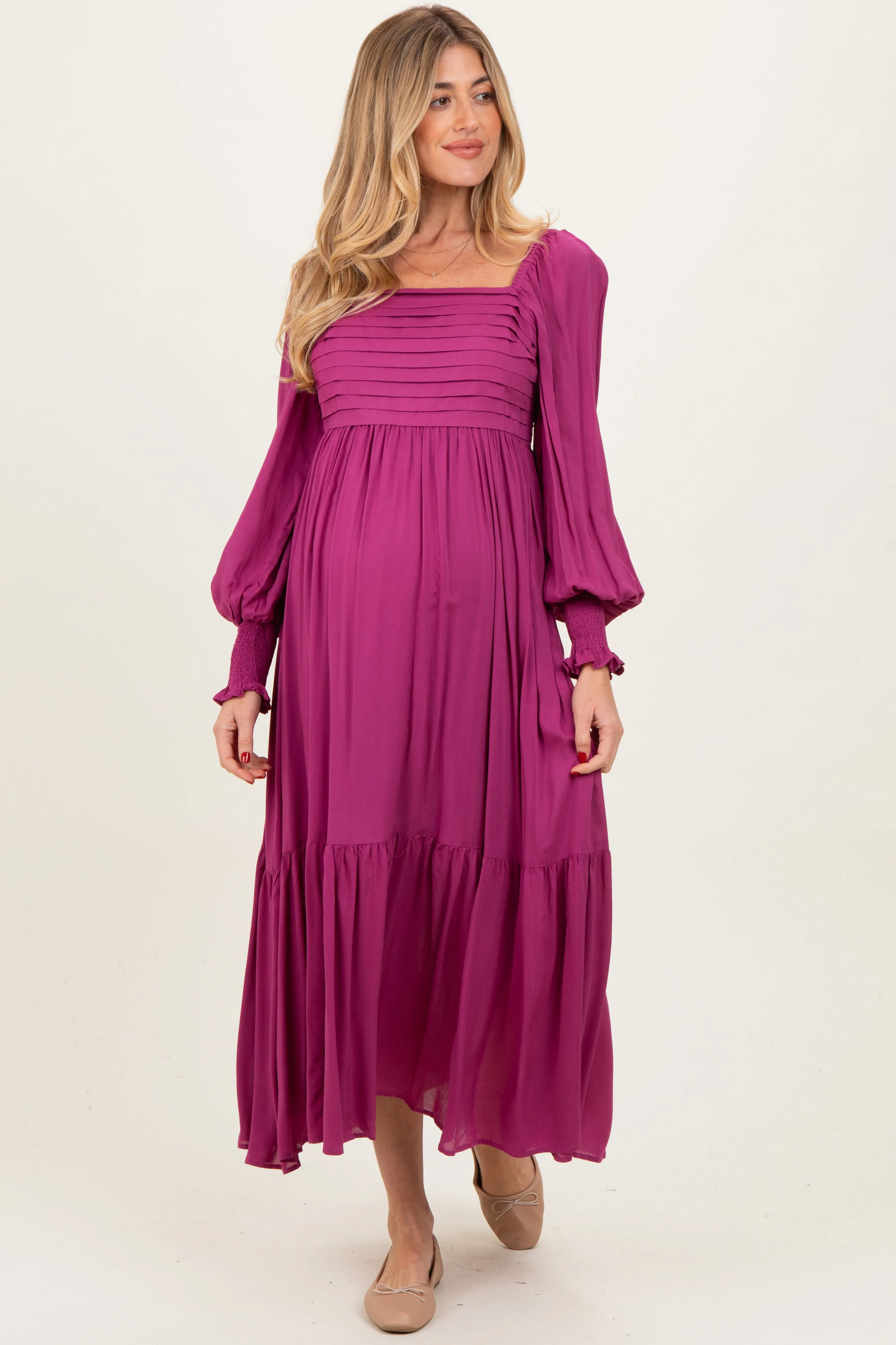 Magenta Pleated Bodice Long Sleeve Maternity Maxi Dress sold by Pinkblush