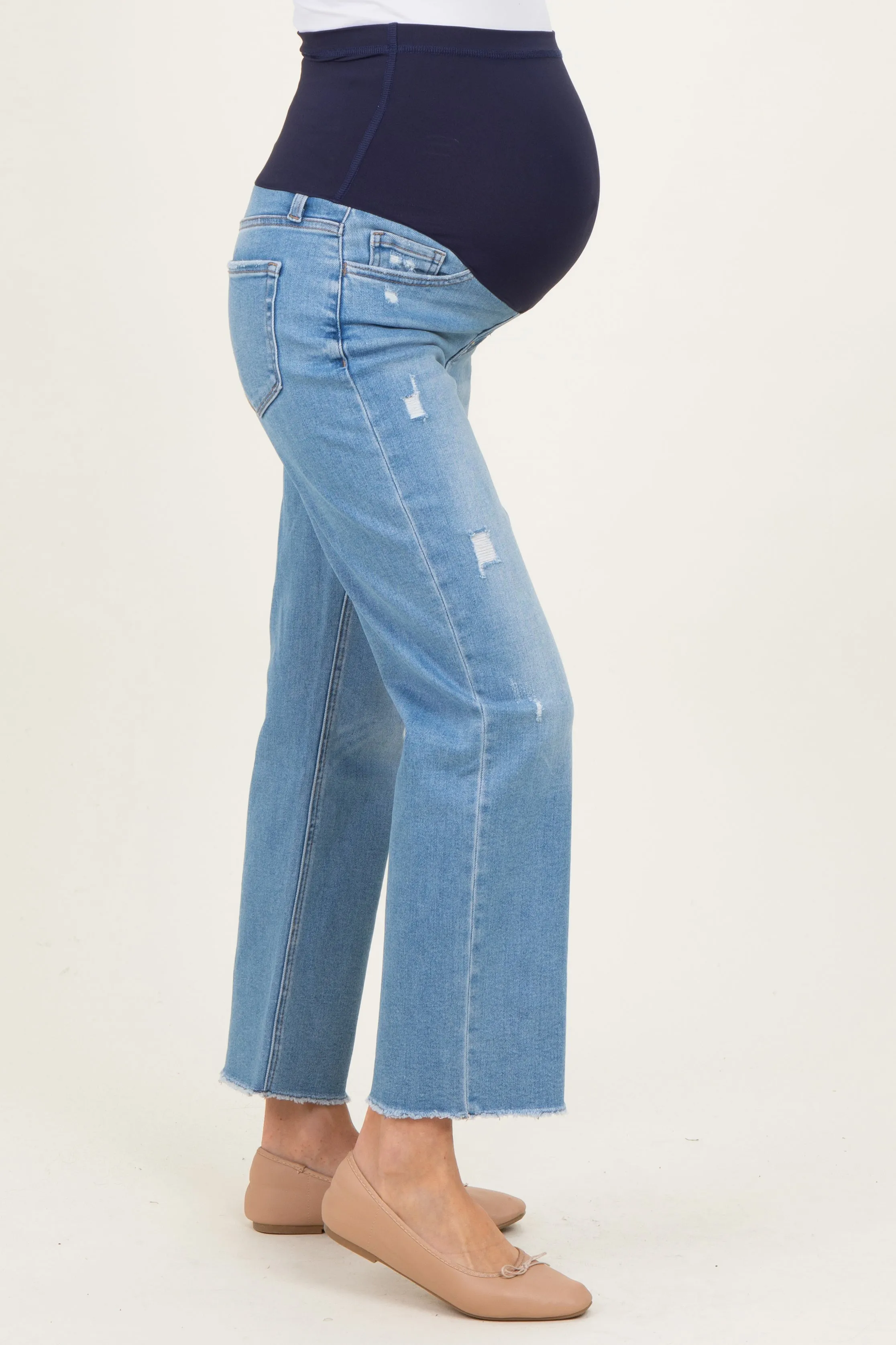 Blue Distressed Raw Hem Cropped Straight Leg Maternity Jeans sold by Pinkblush product image thumbnail 3