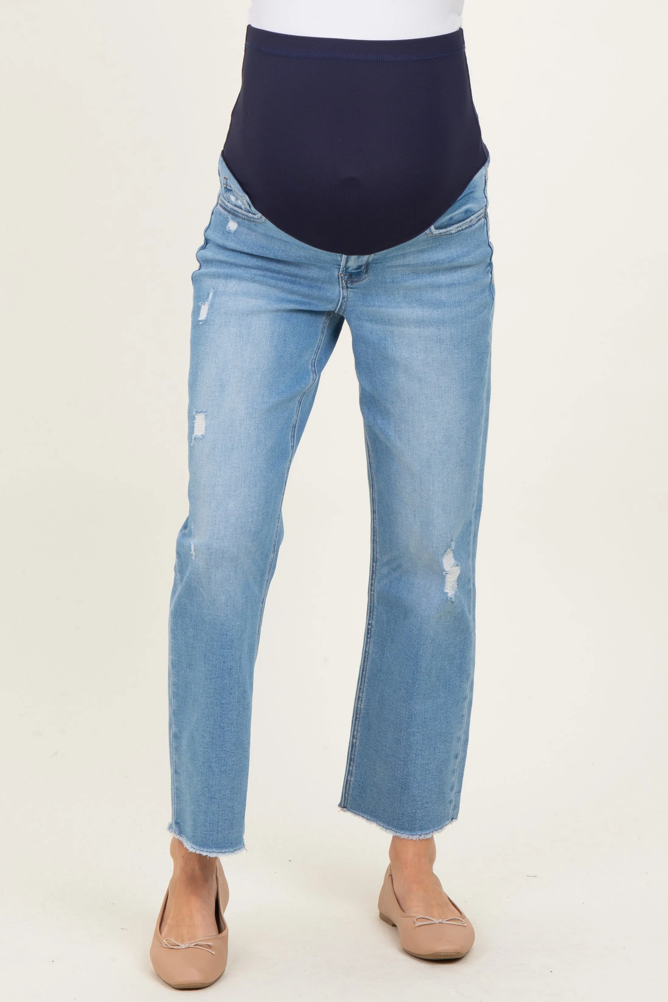 Blue Distressed Raw Hem Cropped Straight Leg Maternity Jeans sold by Pinkblush product image thumbnail 2