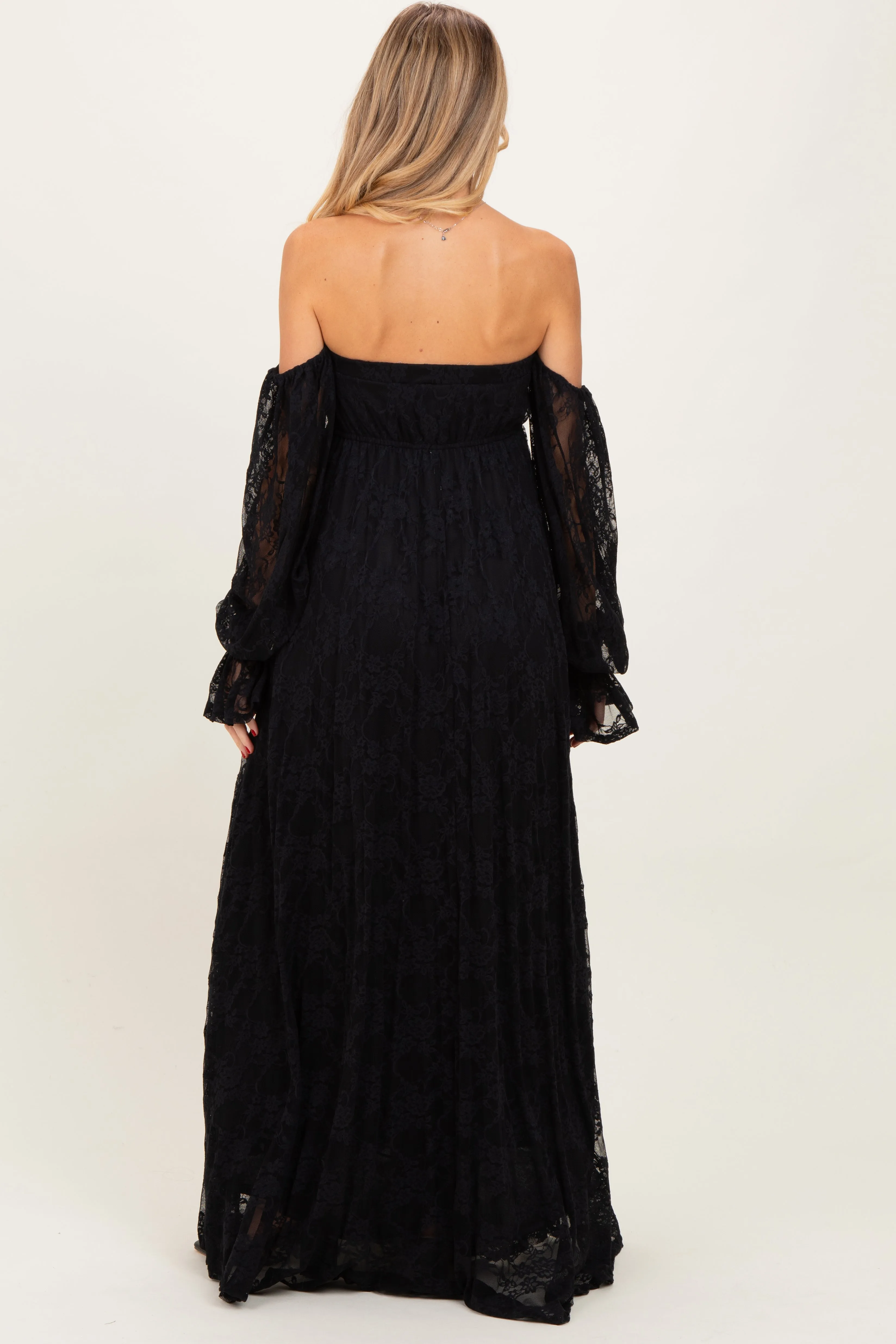 Black Lace Smocked Long Sleeve Off Shoulder Maternity Maxi Dress sold by Pinkblush product image thumbnail 3