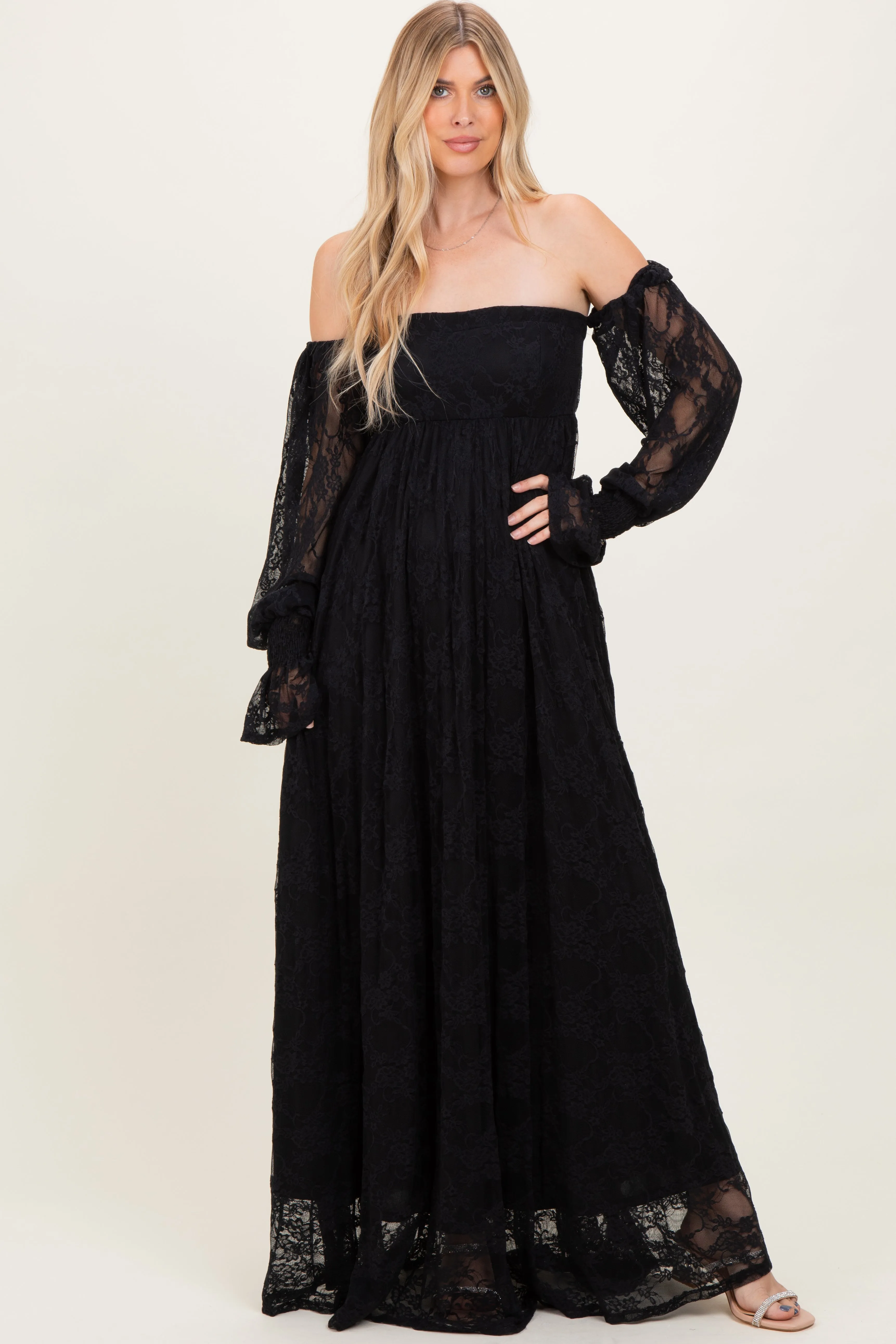 Black Lace Smocked Long Sleeve Off Shoulder Maternity Maxi Dress sold by Pinkblush product image thumbnail 4