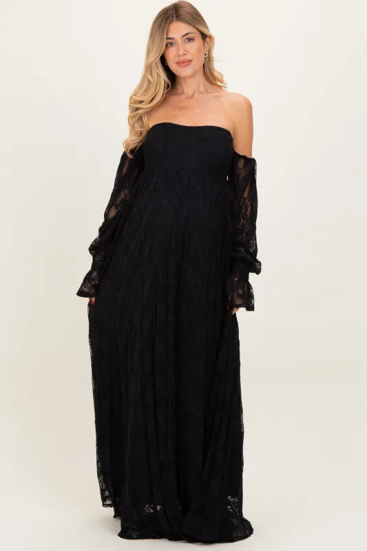 Black Lace Smocked Long Sleeve Off Shoulder Maternity Maxi Dress sold by Pinkblush