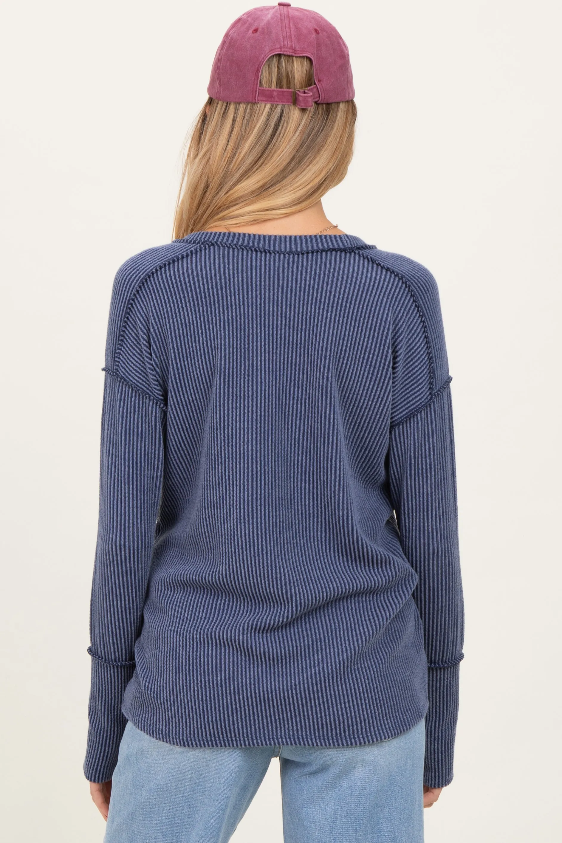 Light Navy Textured Rib Thumb Hole Maternity Long Sleeve Top sold by Pinkblush product image thumbnail 4