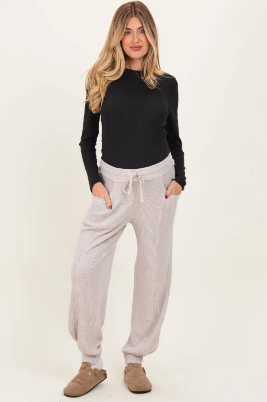 Beige Raw Seam Waffle Knit Maternity Joggers sold by Pinkblush