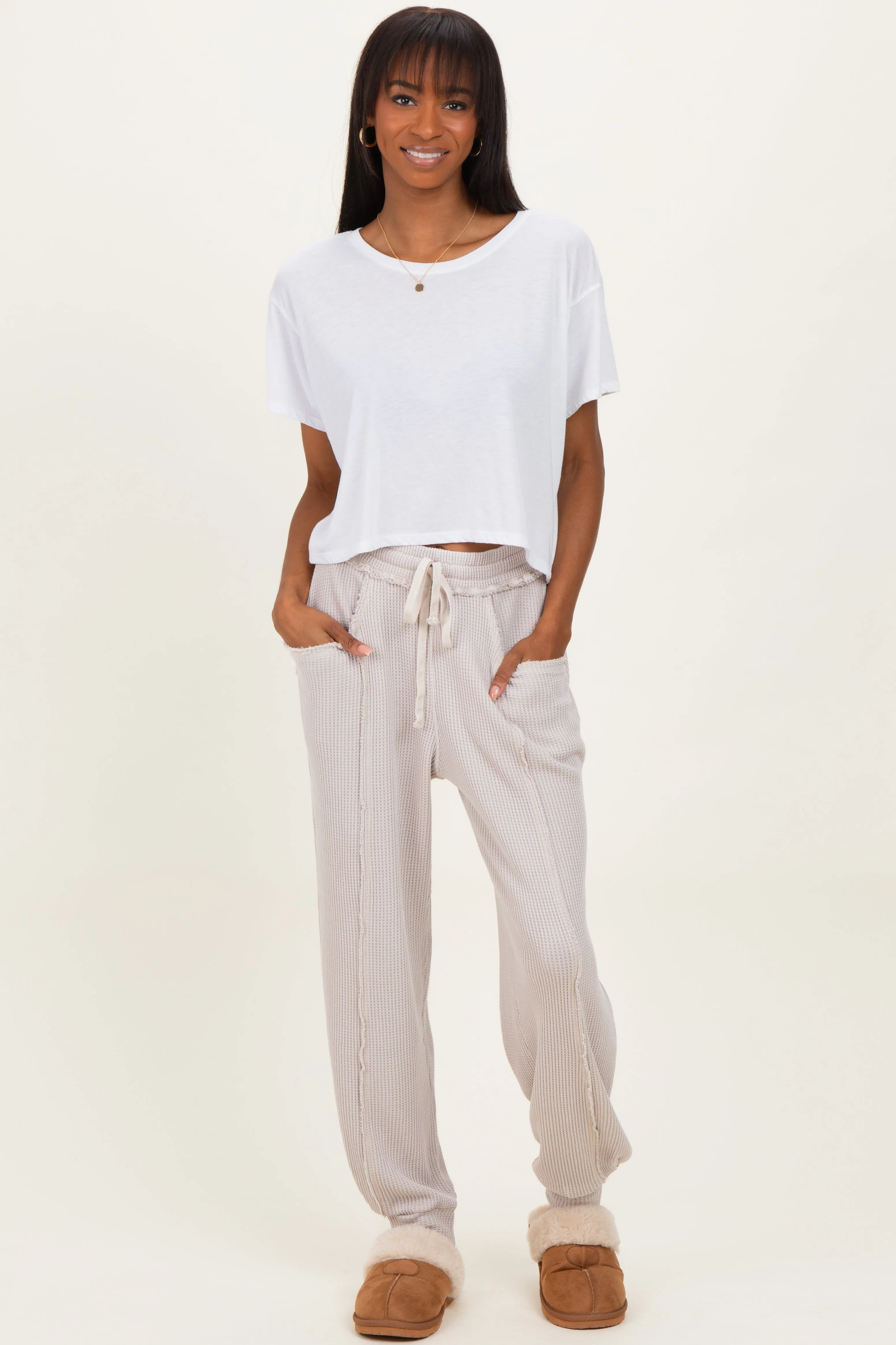 Beige Raw Seam Waffle Knit Maternity Joggers sold by Pinkblush product image thumbnail 5