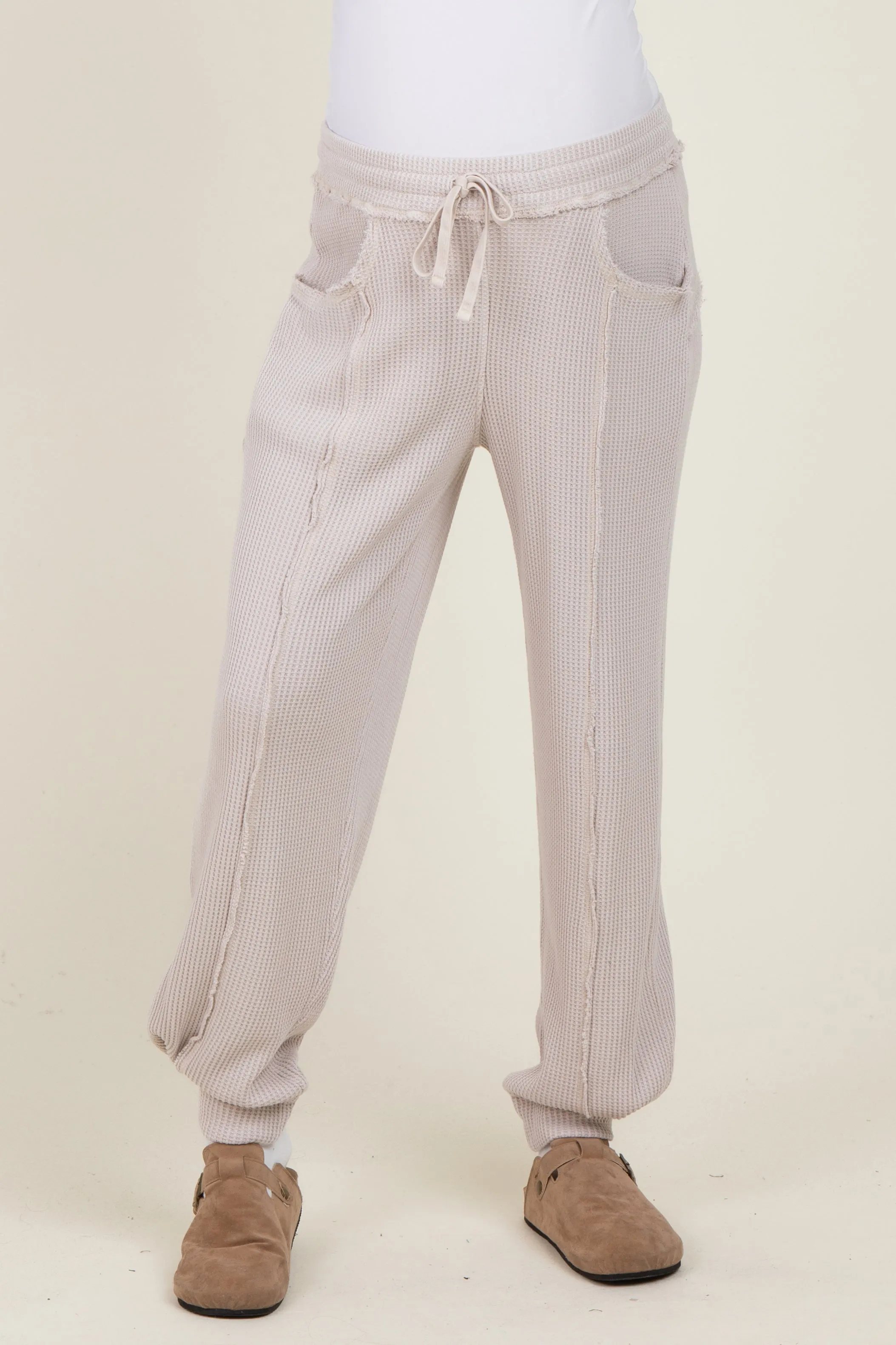 Beige Raw Seam Waffle Knit Maternity Joggers sold by Pinkblush product image thumbnail 2