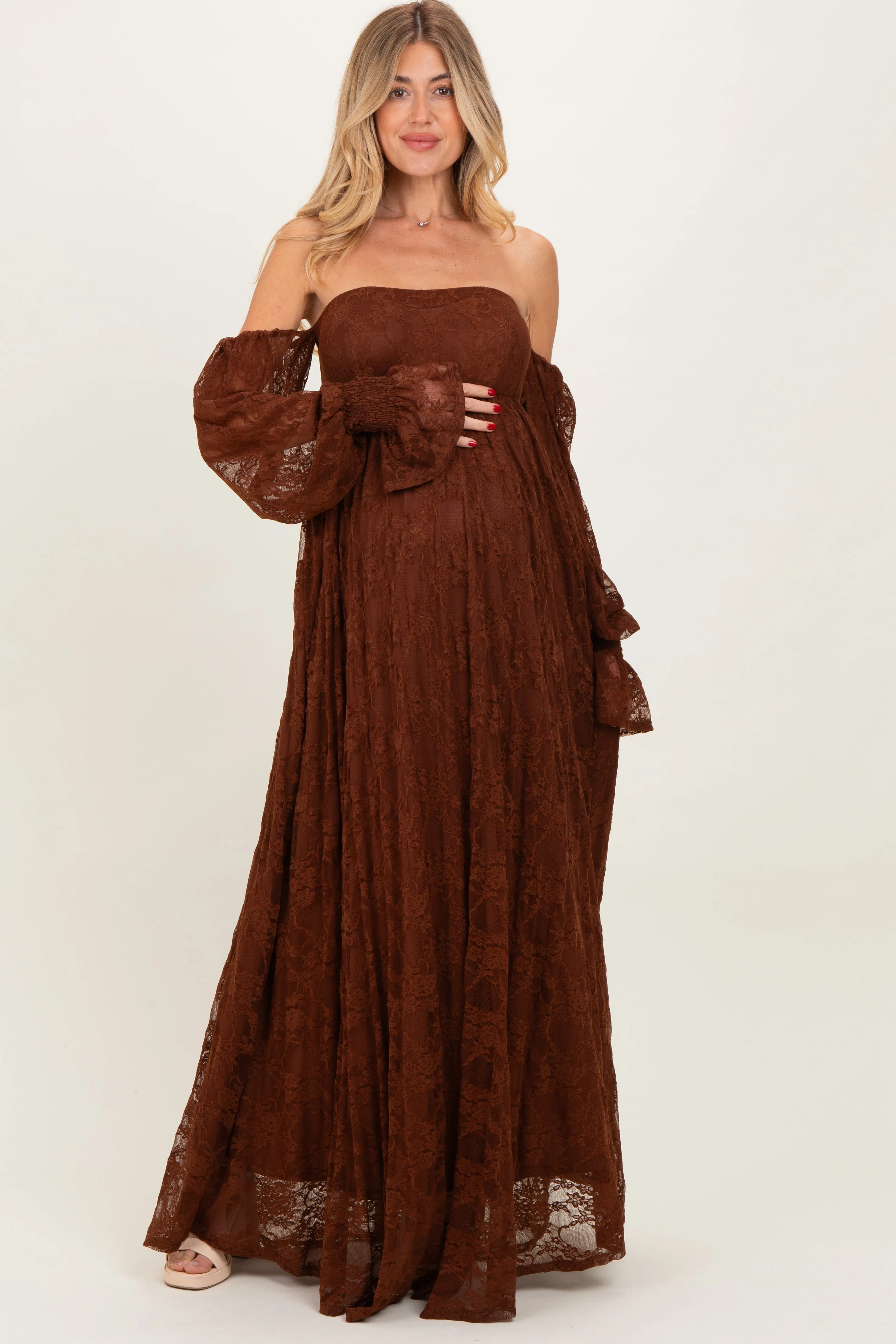 Brown Lace Smocked Long Sleeve Off Shoulder Maternity Maxi Dress sold by Pinkblush