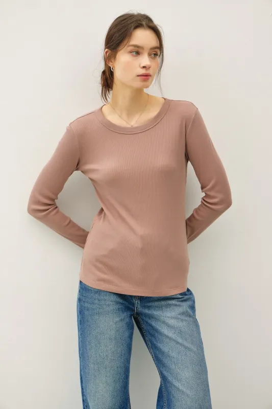 Mocha Ribbed Basic Long Sleeve Top sold by Pinkblush