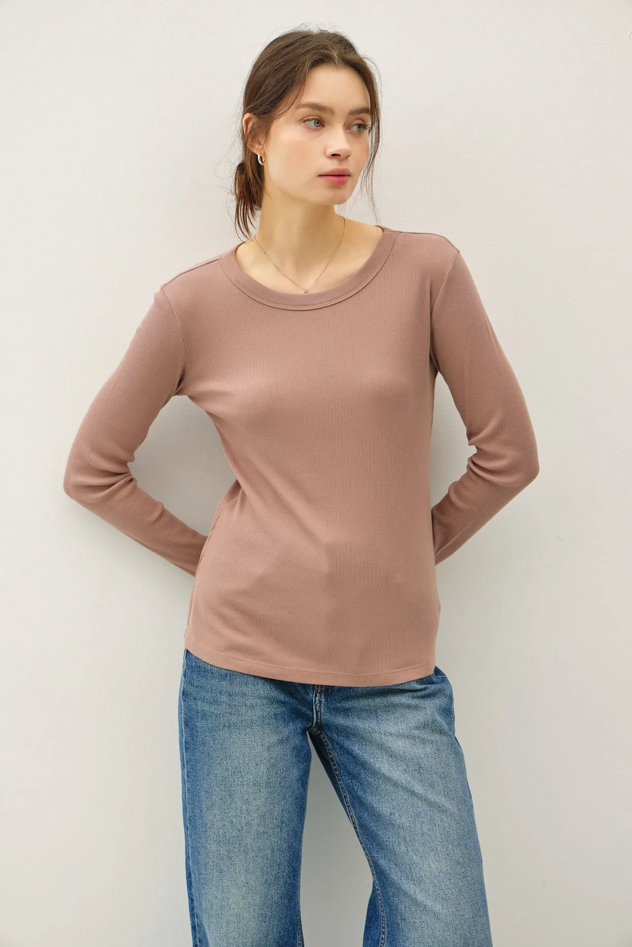 Mocha Ribbed Basic Long Sleeve Top sold by Pinkblush