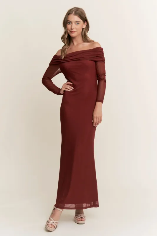 Burgundy Mesh Off Shoulder Long Sleeve Maxi Dress sold by Pinkblush
