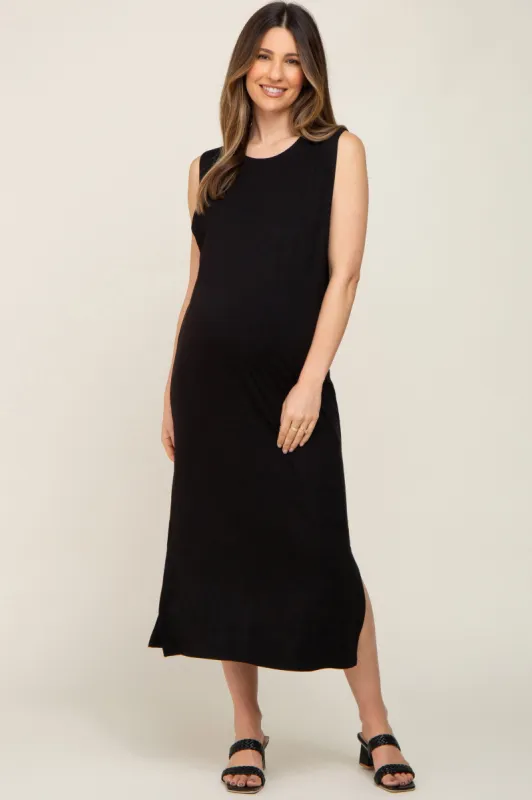 Black Sleeveless Side Slit Maternity Midi Dress sold by Pinkblush