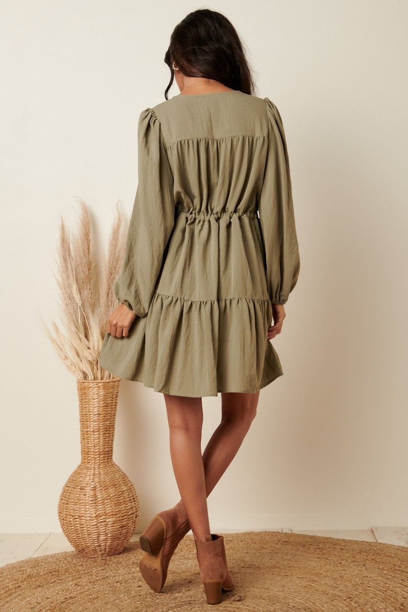 Sage V-Neck Tier Ruffle Side Tie Detail Mini Dress sold by Pinkblush product image thumbnail 4