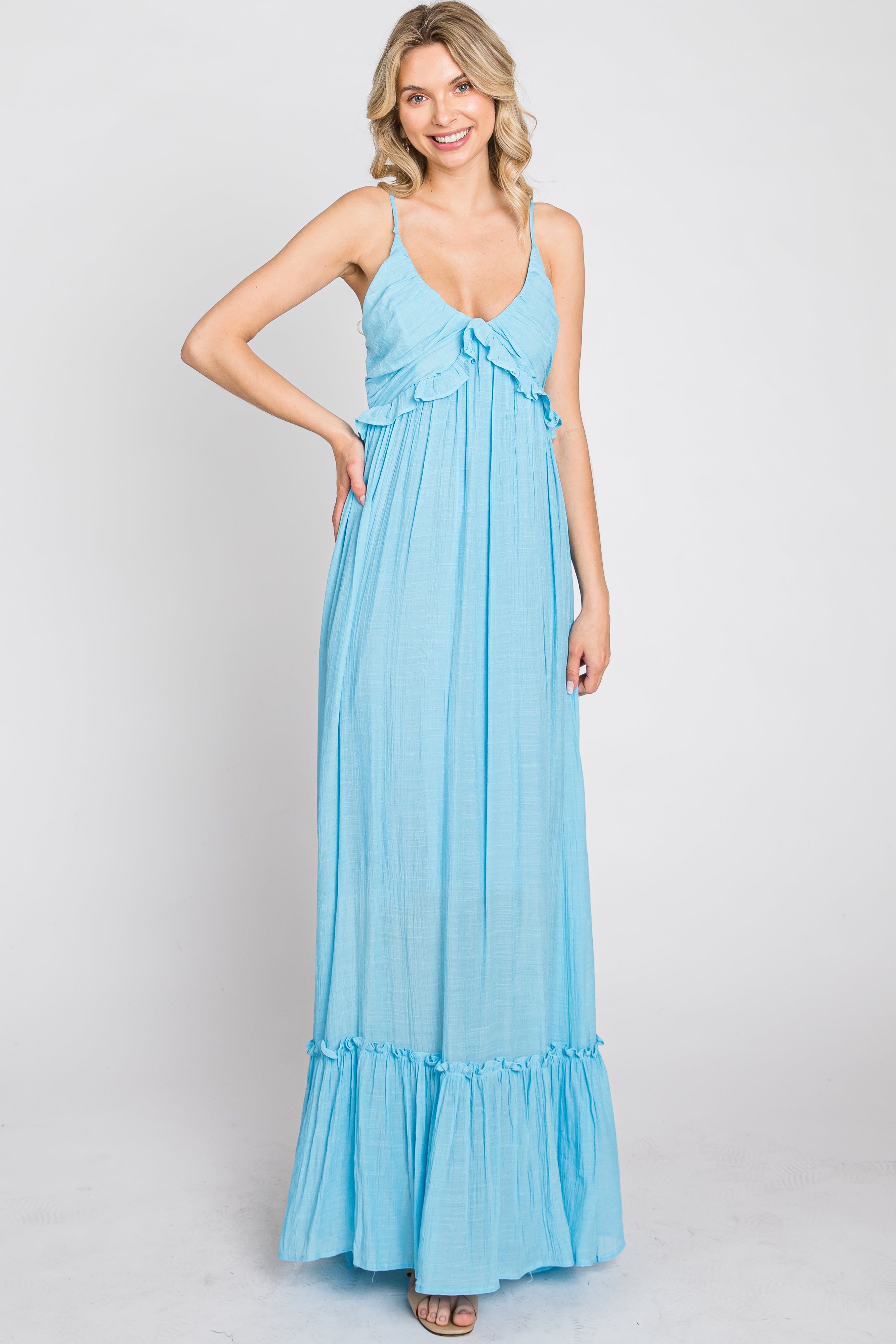 Light Blue Sleeveless Ruffle V-Neck Maxi Dress sold by Pinkblush product image thumbnail 4