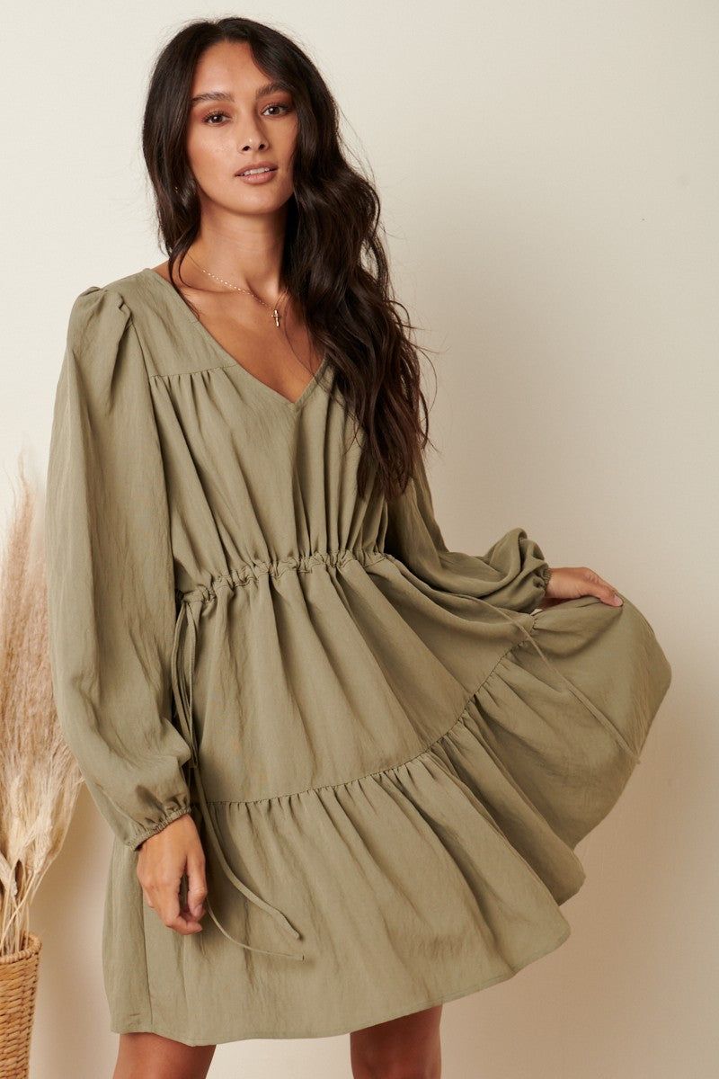 Sage V-Neck Tier Ruffle Side Tie Detail Mini Dress sold by Pinkblush