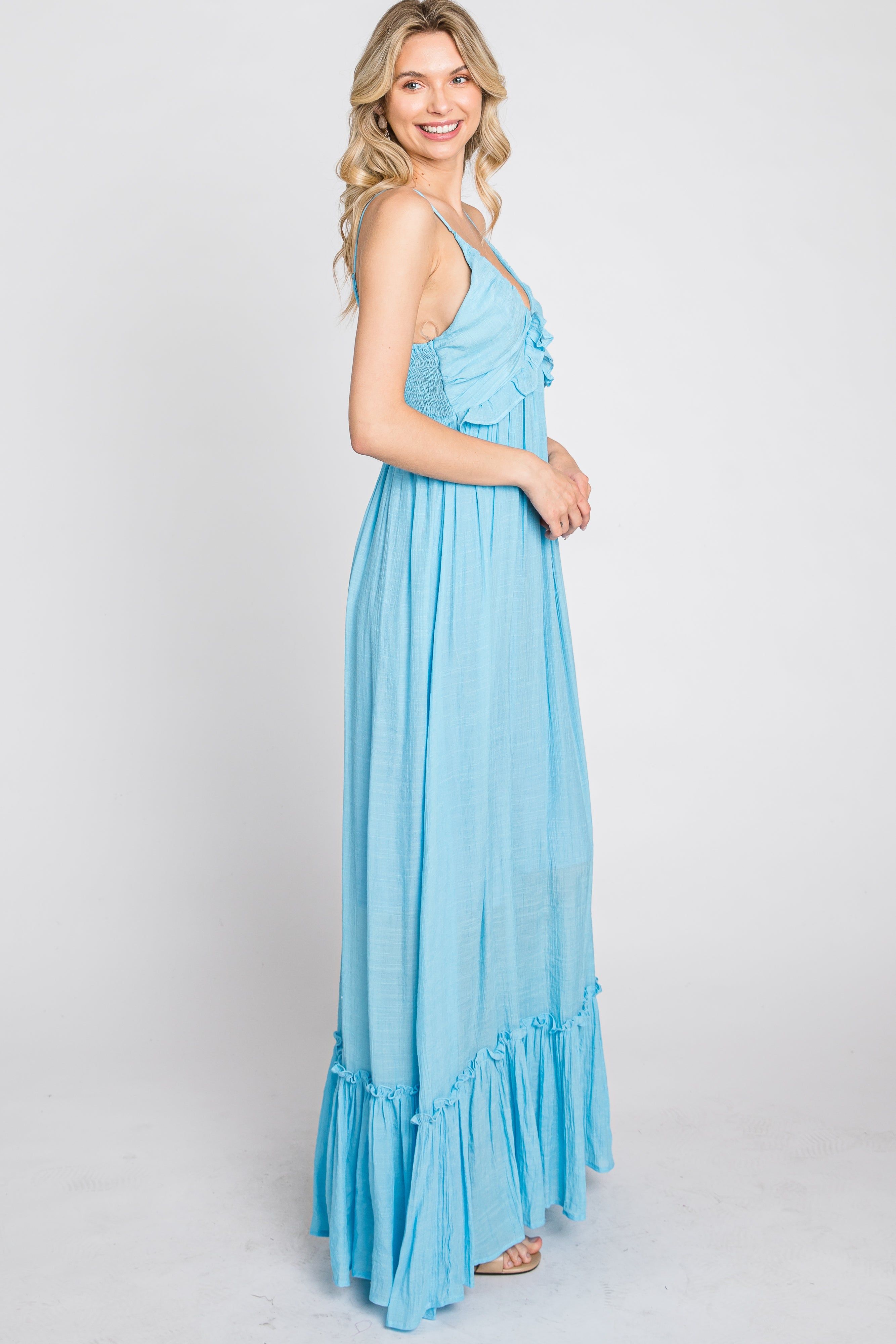 Light Blue Sleeveless Ruffle V-Neck Maxi Dress sold by Pinkblush product image thumbnail 5