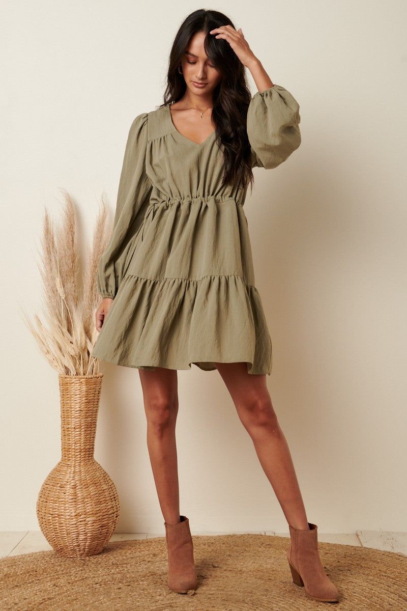 Sage V-Neck Tier Ruffle Side Tie Detail Mini Dress sold by Pinkblush product image thumbnail 2