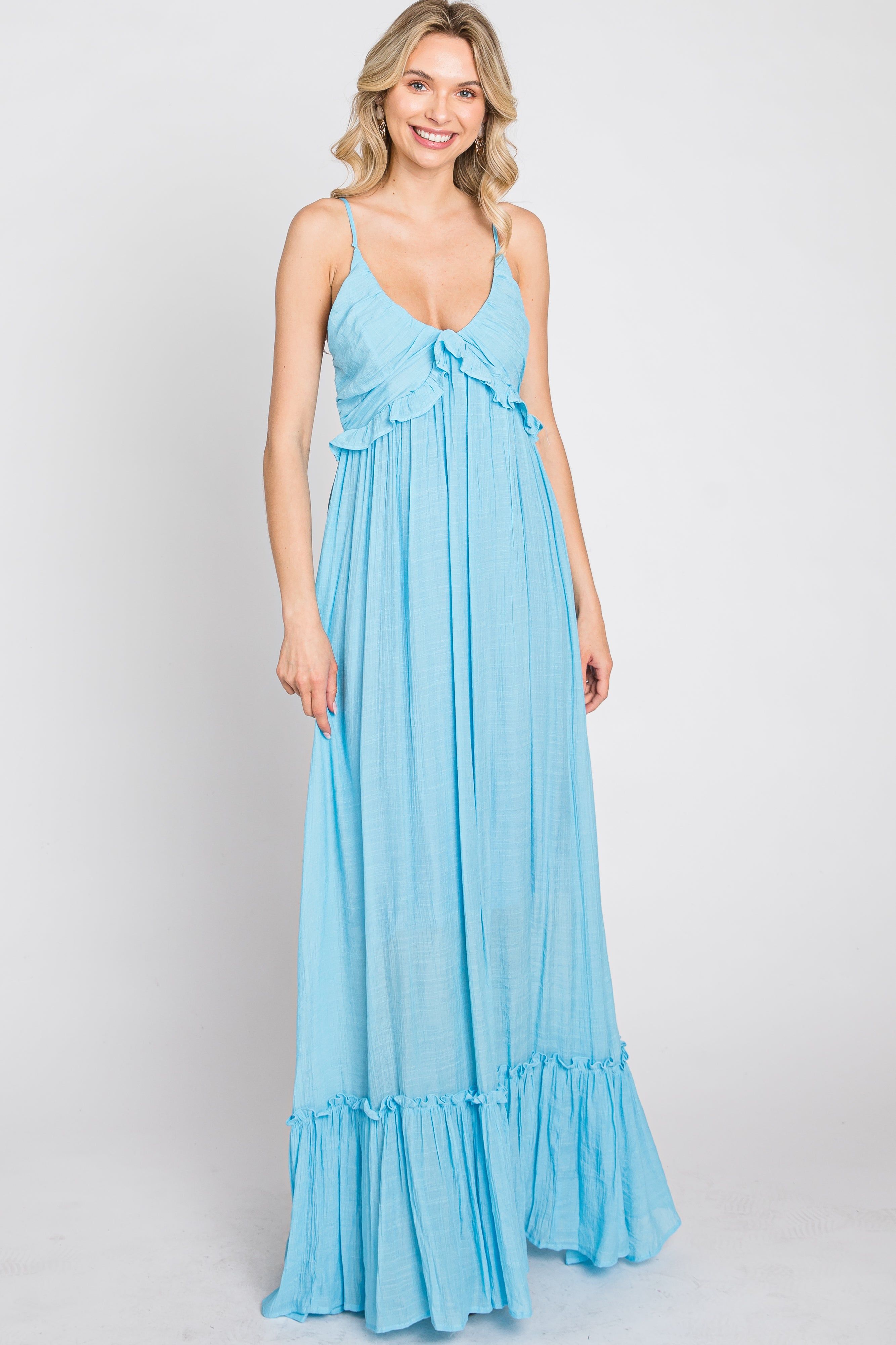 Light Blue Sleeveless Ruffle V-Neck Maxi Dress sold by Pinkblush product image thumbnail 2