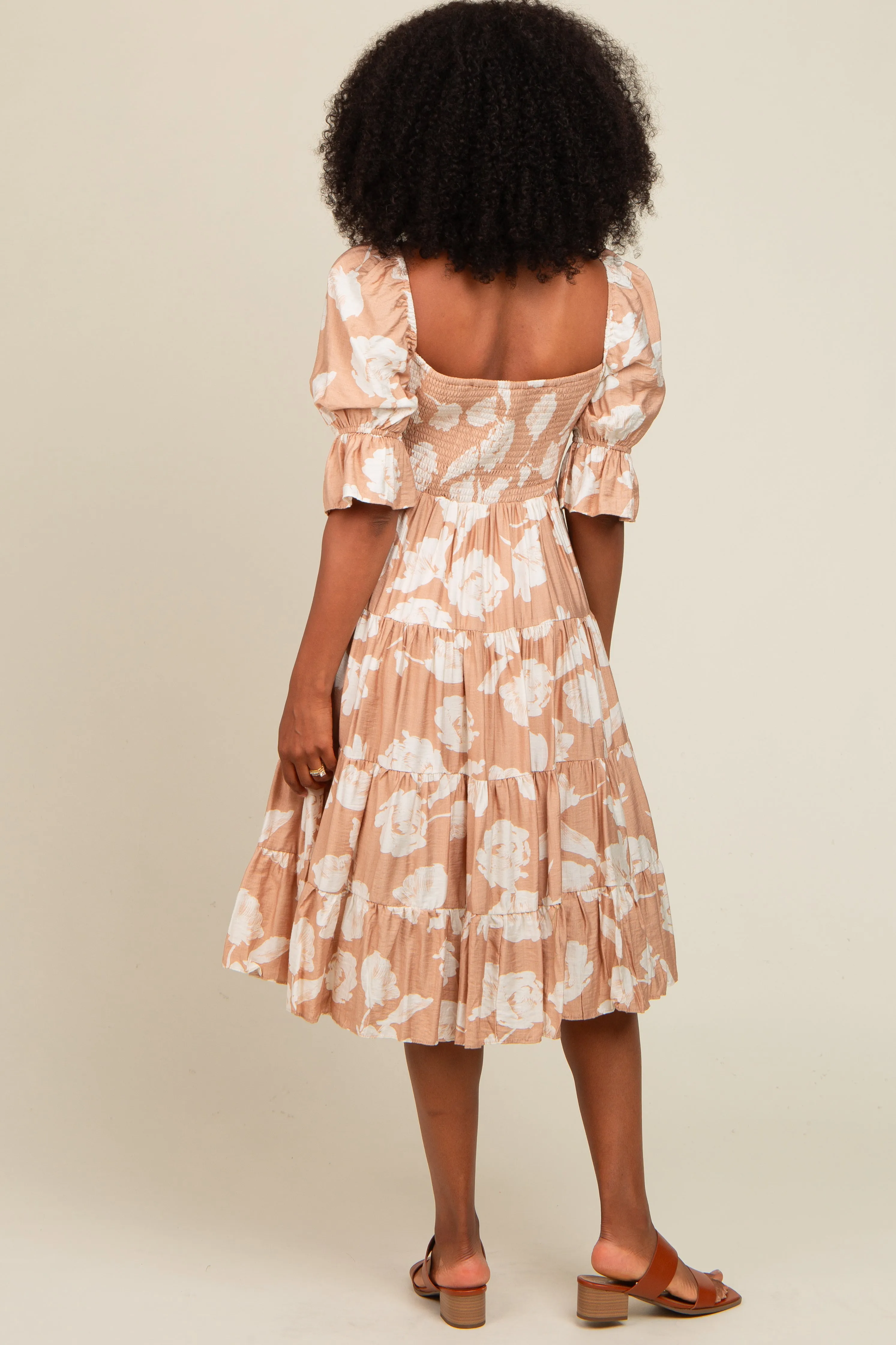 Mocha Rose Print Tiered Smocked Midi Dress sold by Pinkblush product image thumbnail 3