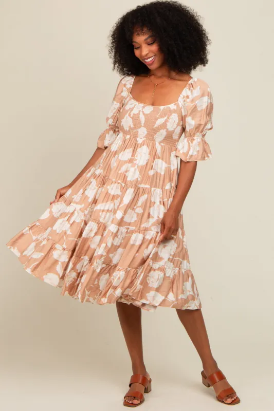 Mocha Rose Print Tiered Smocked Midi Dress sold by Pinkblush