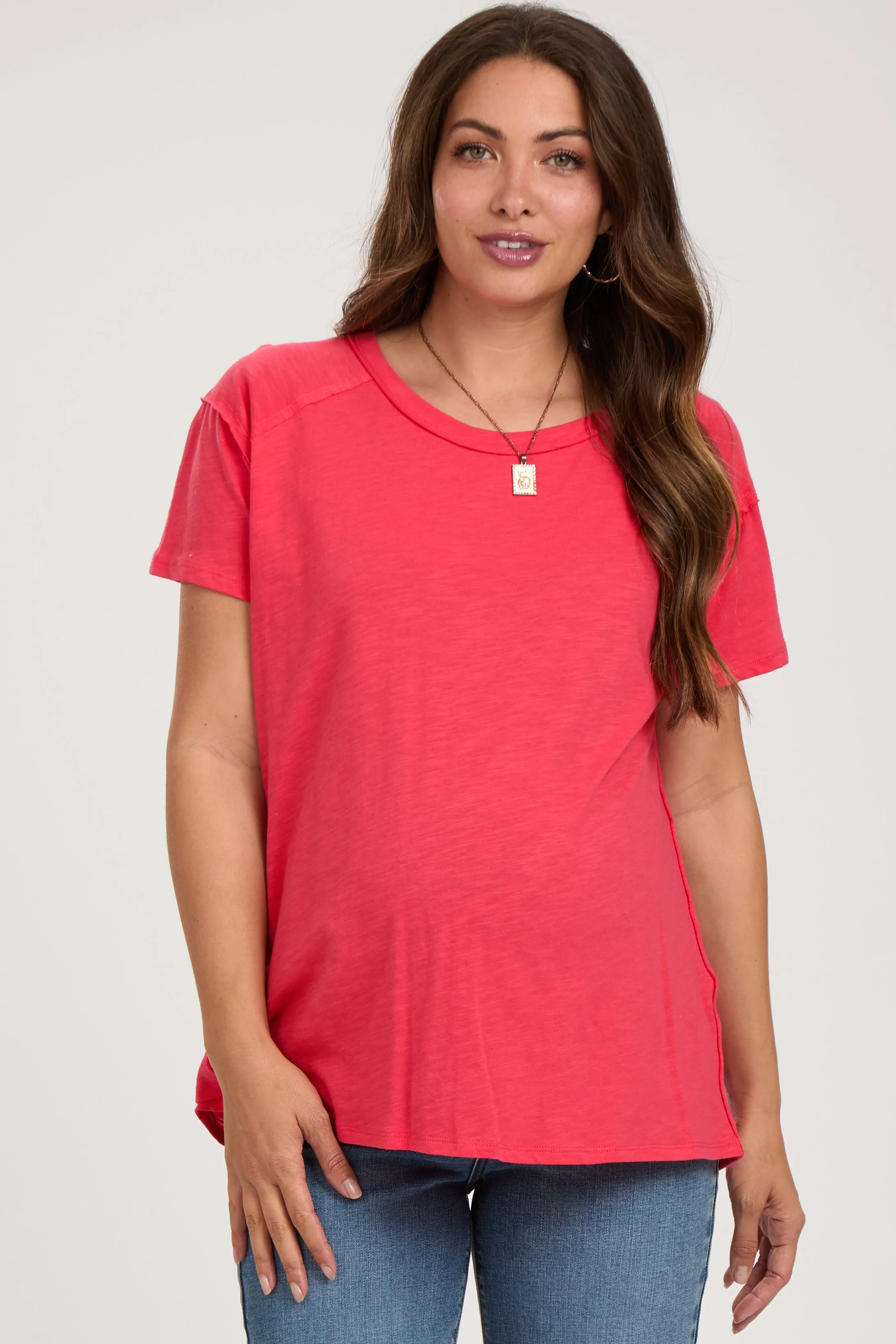 Red Raw Hem Maternity Short Sleeve Top sold by Pinkblush