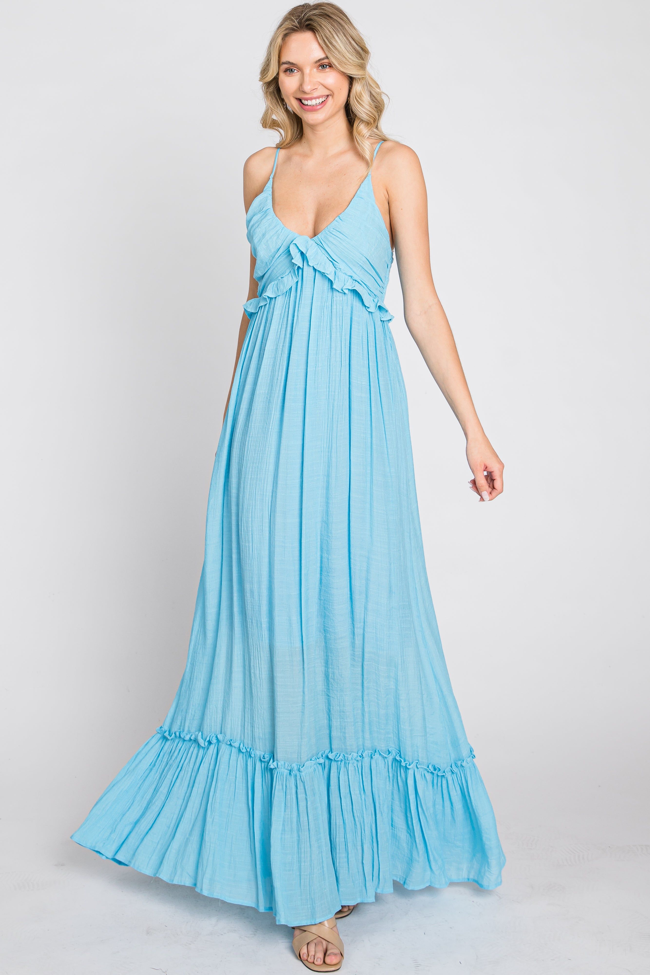 Light Blue Sleeveless Ruffle V-Neck Maxi Dress sold by Pinkblush product image thumbnail 3